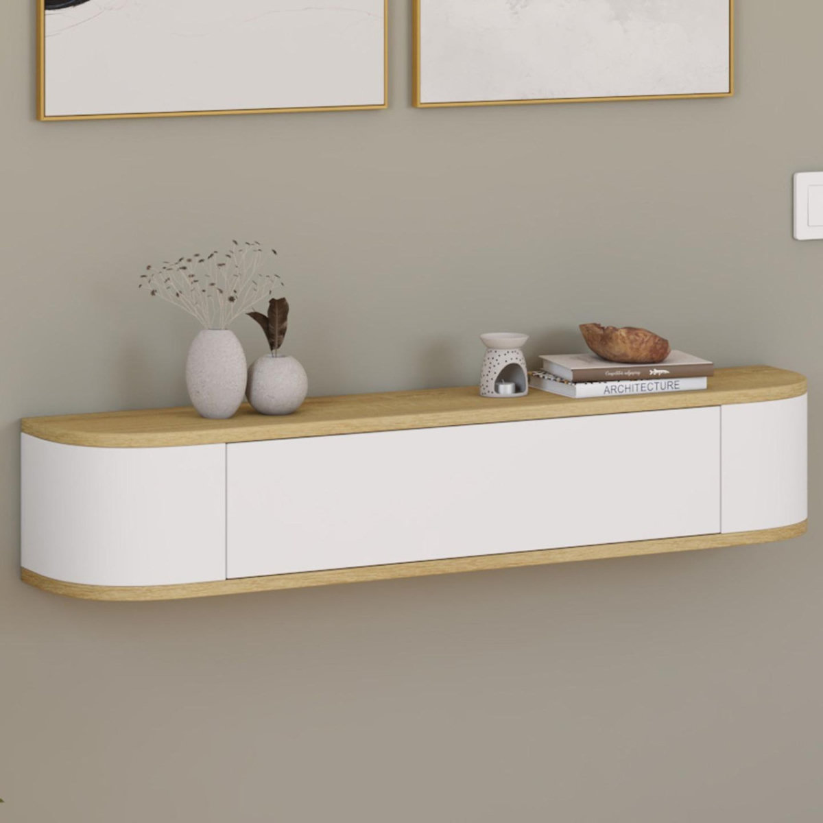 ID MARKET Etagère murale console d'entrée LEORA 1 porte blanc et effet bois