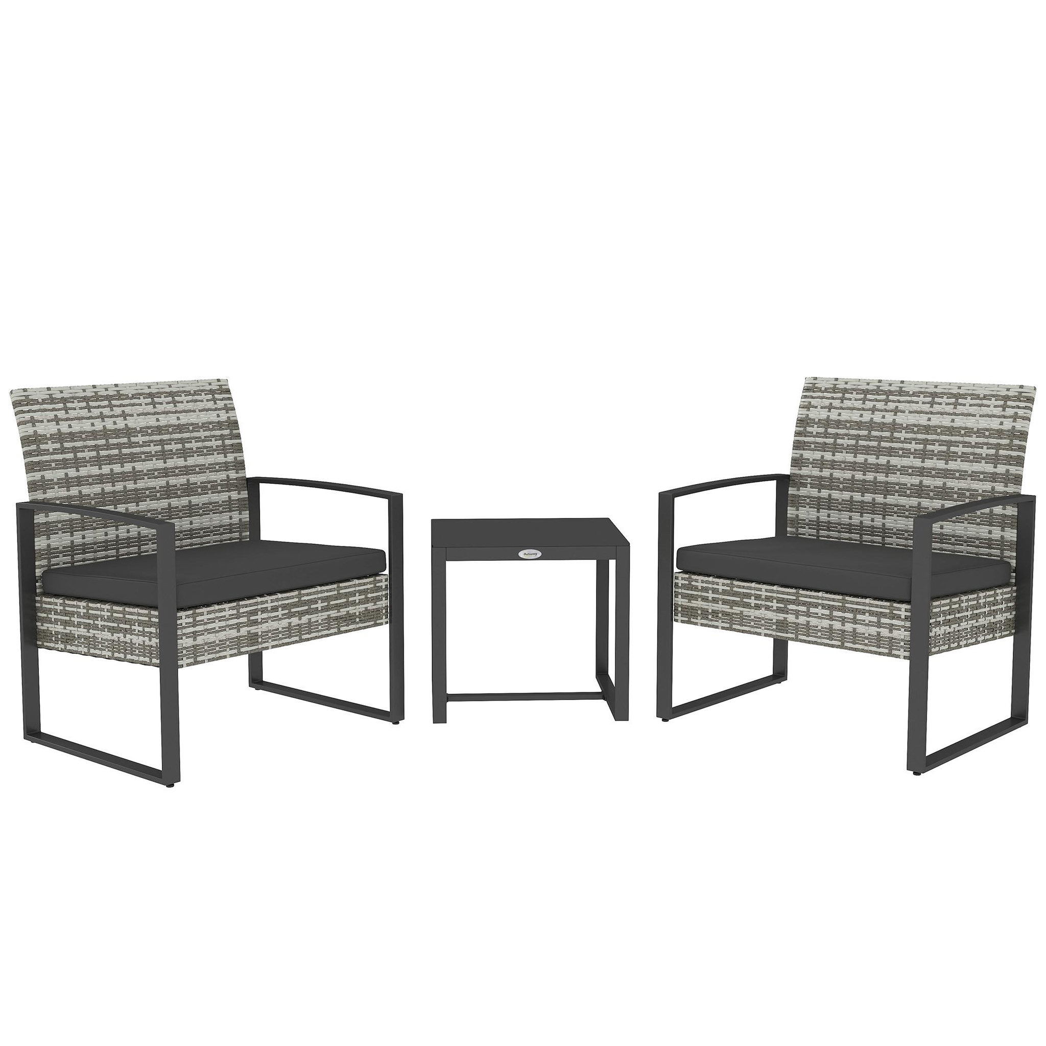 OUTSUNNY Salon de jardin 2 places 3 pièces 2 chaises avec coussins + table basse plateau verre trempé résine tressée aspect rotin gris