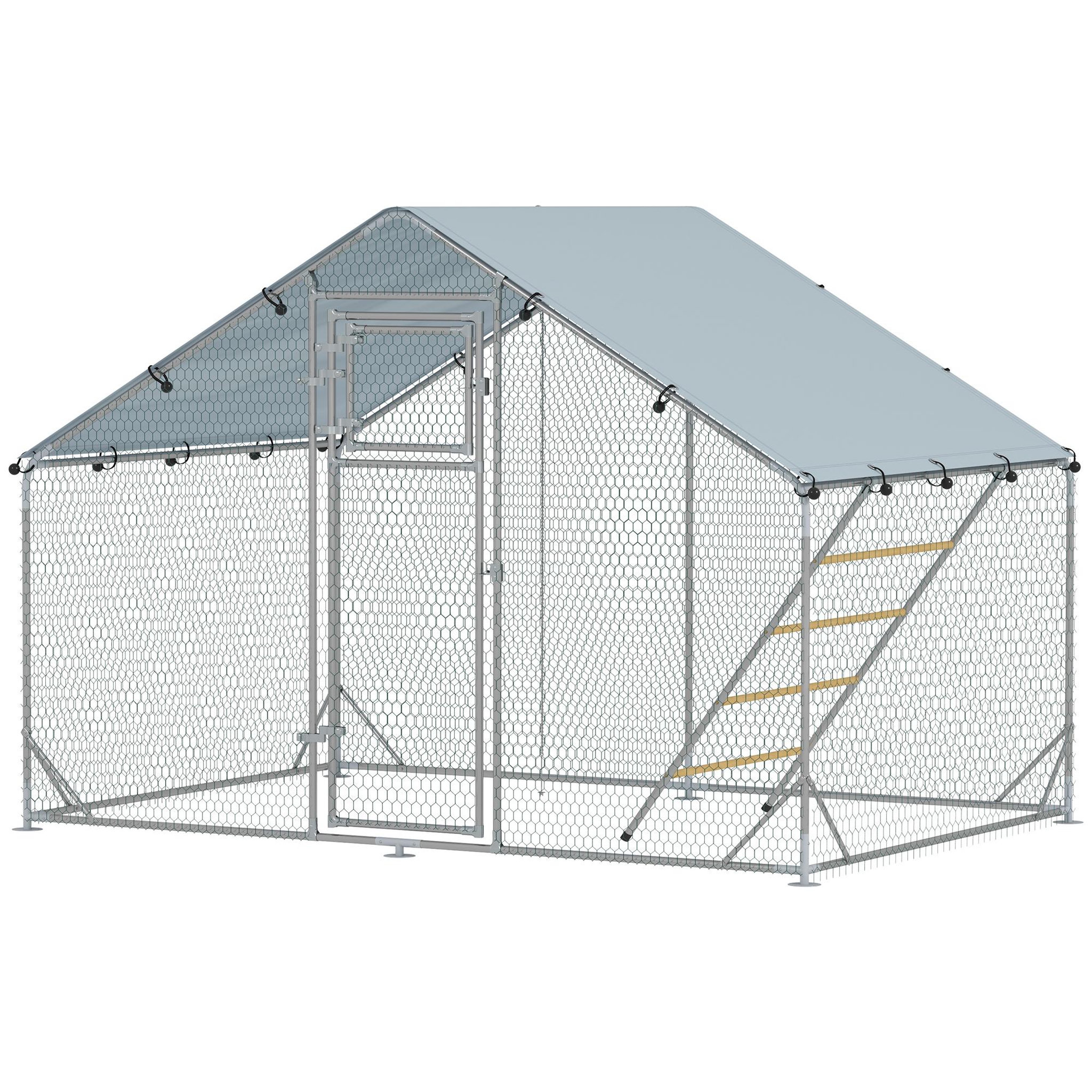 PAWHUT Enclos poulailler 6 m² entièrement couvert - perchoir, mangeoire à suspendre, porte, bâche - 3 x 2 x 1,95 m - acier gris