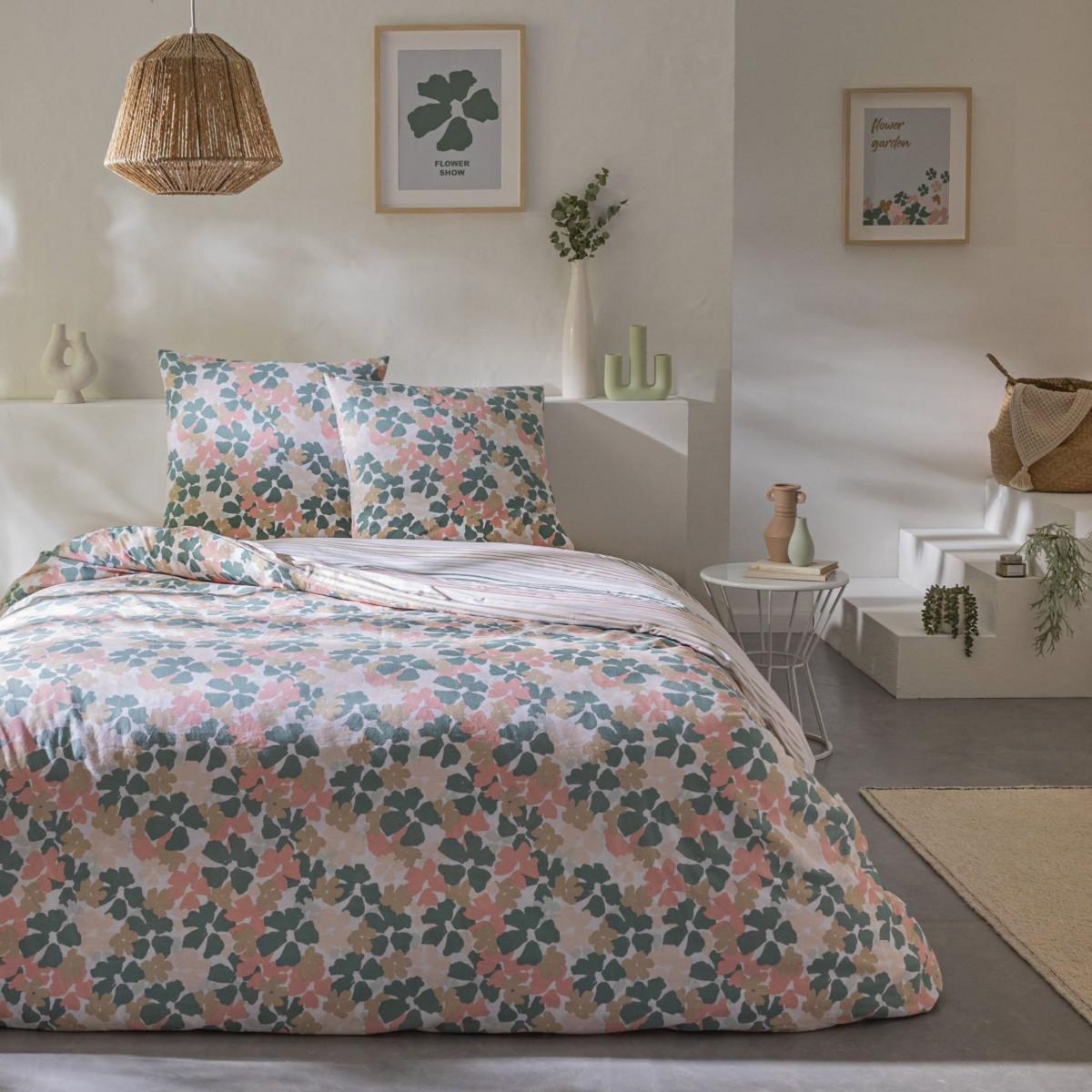 FUTURE HOME Parure de lit 2 personnes fleurie réversible rayures