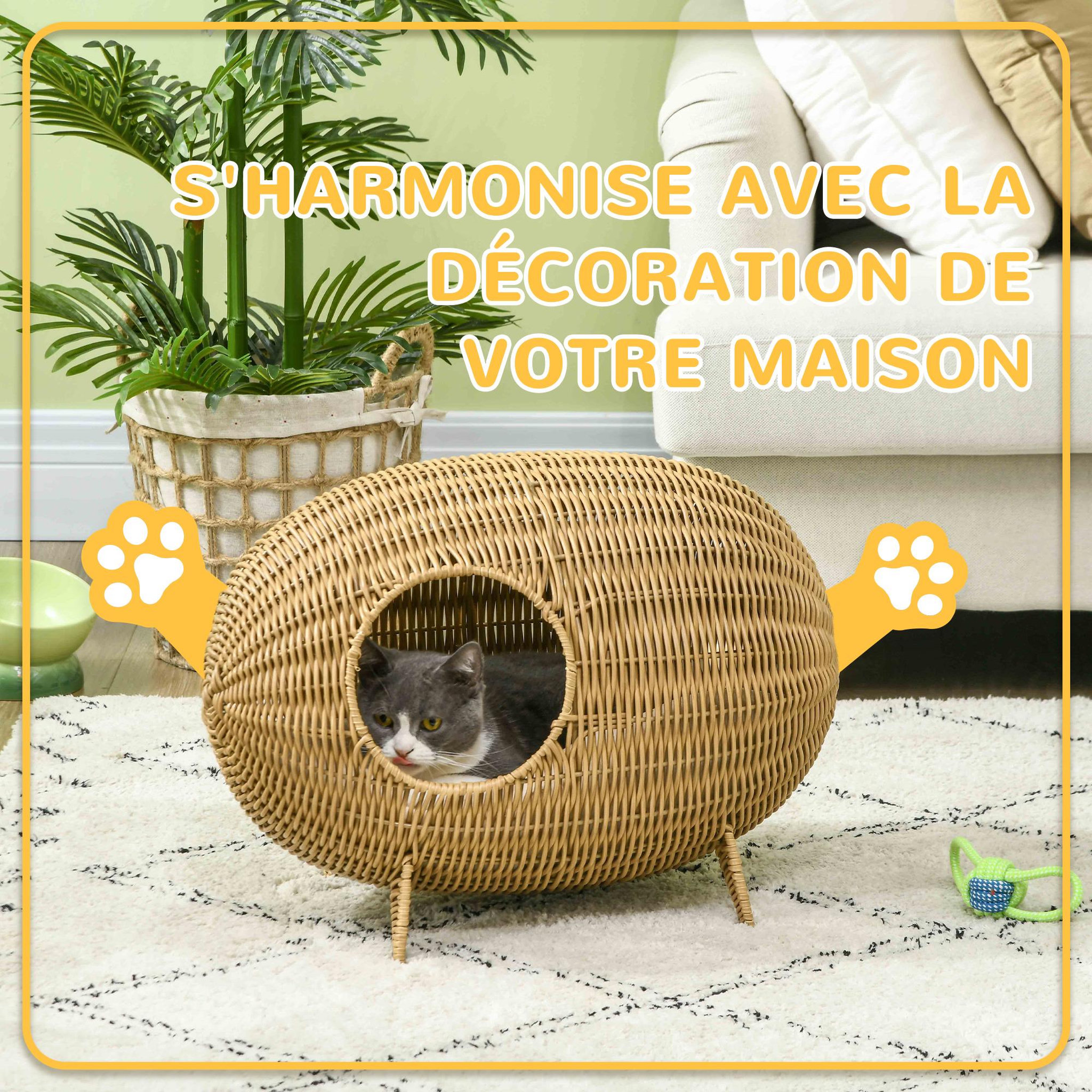 Voir la diapositive 6 : PAWHUT Panier pour chat en résine tressée imitation rotin grand confort dim. 55L x 36l x 42H cm coussin moelleux beige inclus