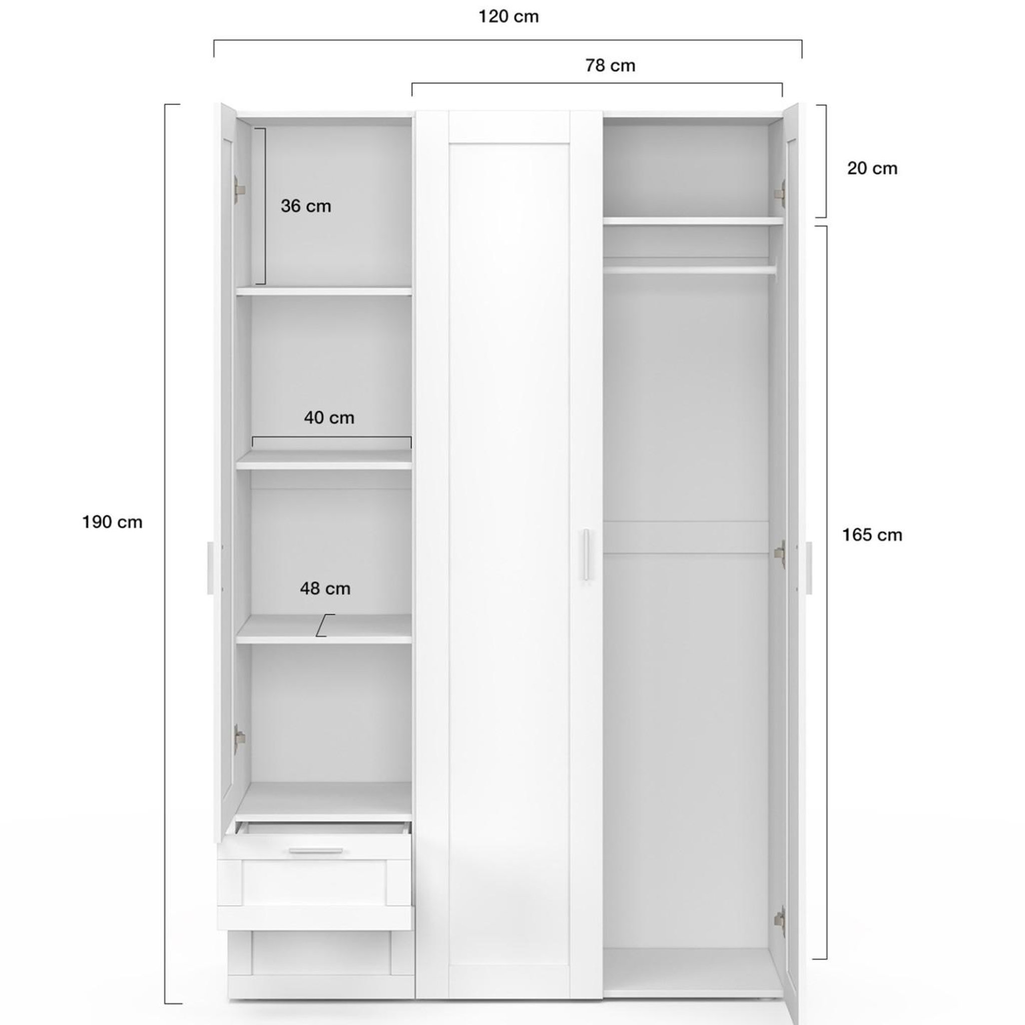 Voir la diapositive 4 : ID MARKET Armoire 3 portes vito blanc penderie 120 cm avec 2 tiroirs et étagères