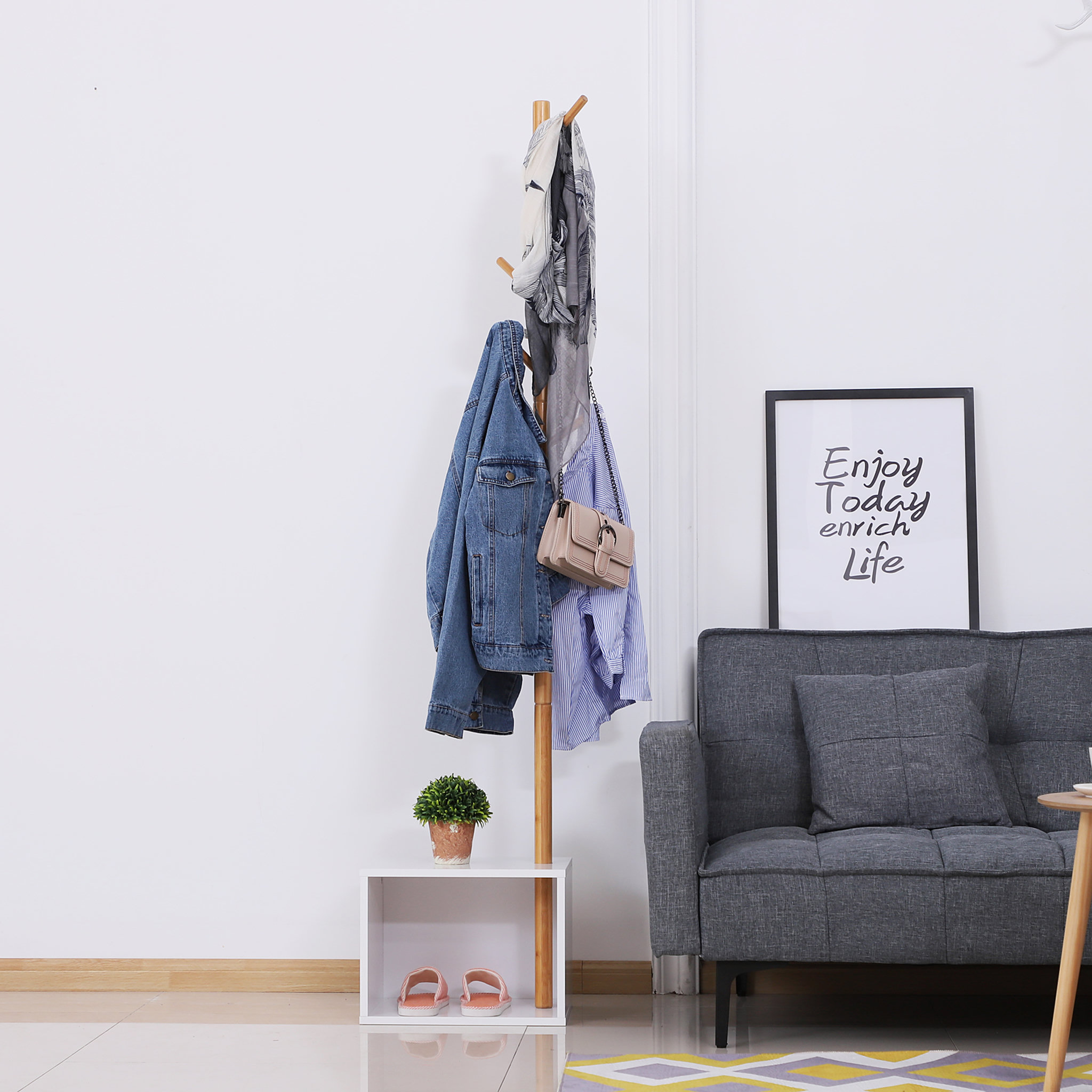 Voir la diapositive 4 : HOMCOM HOMCOM Meuble rangement porte-manteaux 2 en 1 design contemporain cosy dim. 40L x 30l x 180H cm MDF blanc bois massif bambou