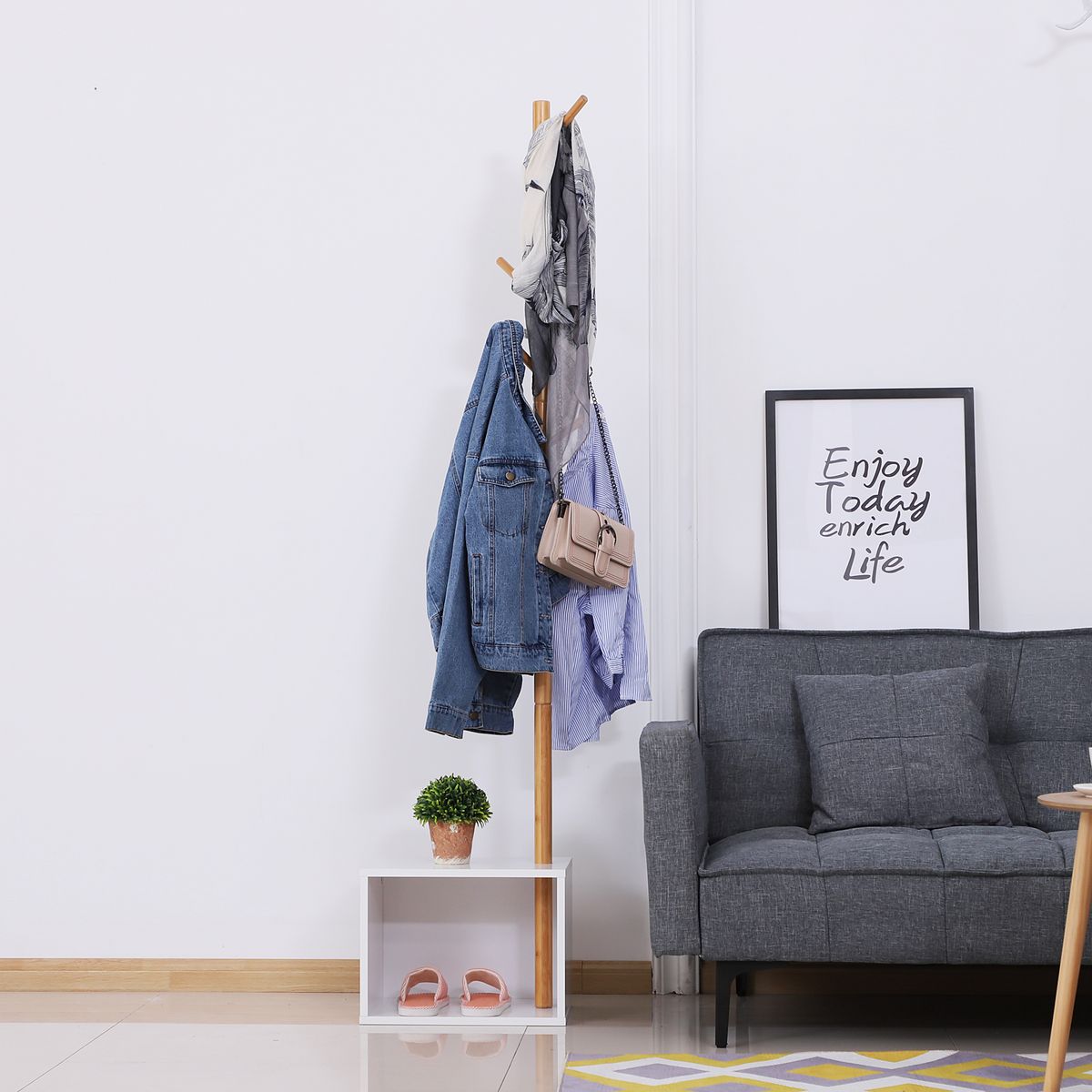 HOMCOM HOMCOM Meuble rangement porte-manteaux 2 en 1 design contemporain cosy dim. 40L x 30l x 180H cm MDF blanc bois massif bambou