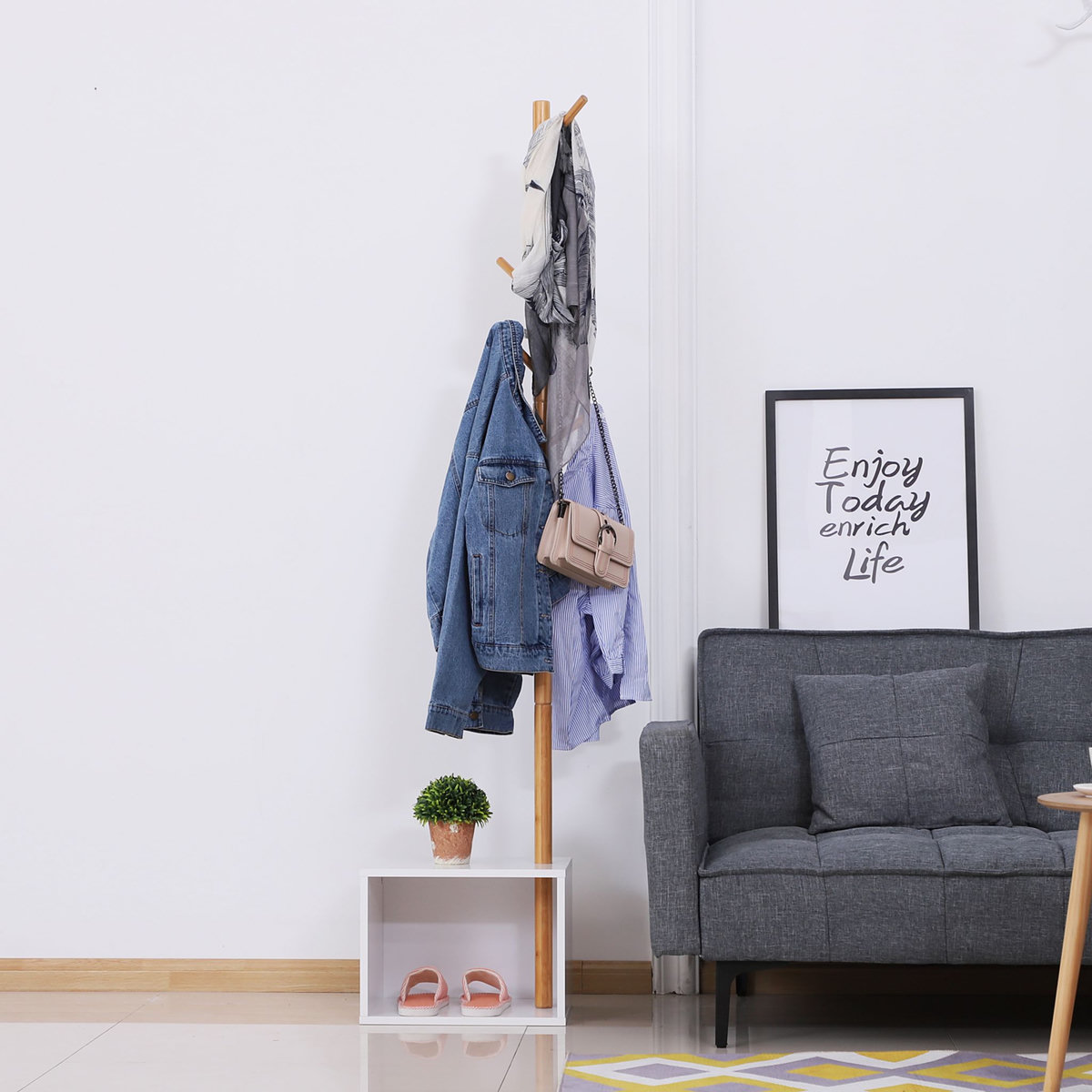 HOMCOM HOMCOM Meuble rangement porte-manteaux 2 en 1 design contemporain cosy dim. 40L x 30l x 180H cm MDF blanc bois massif bambou