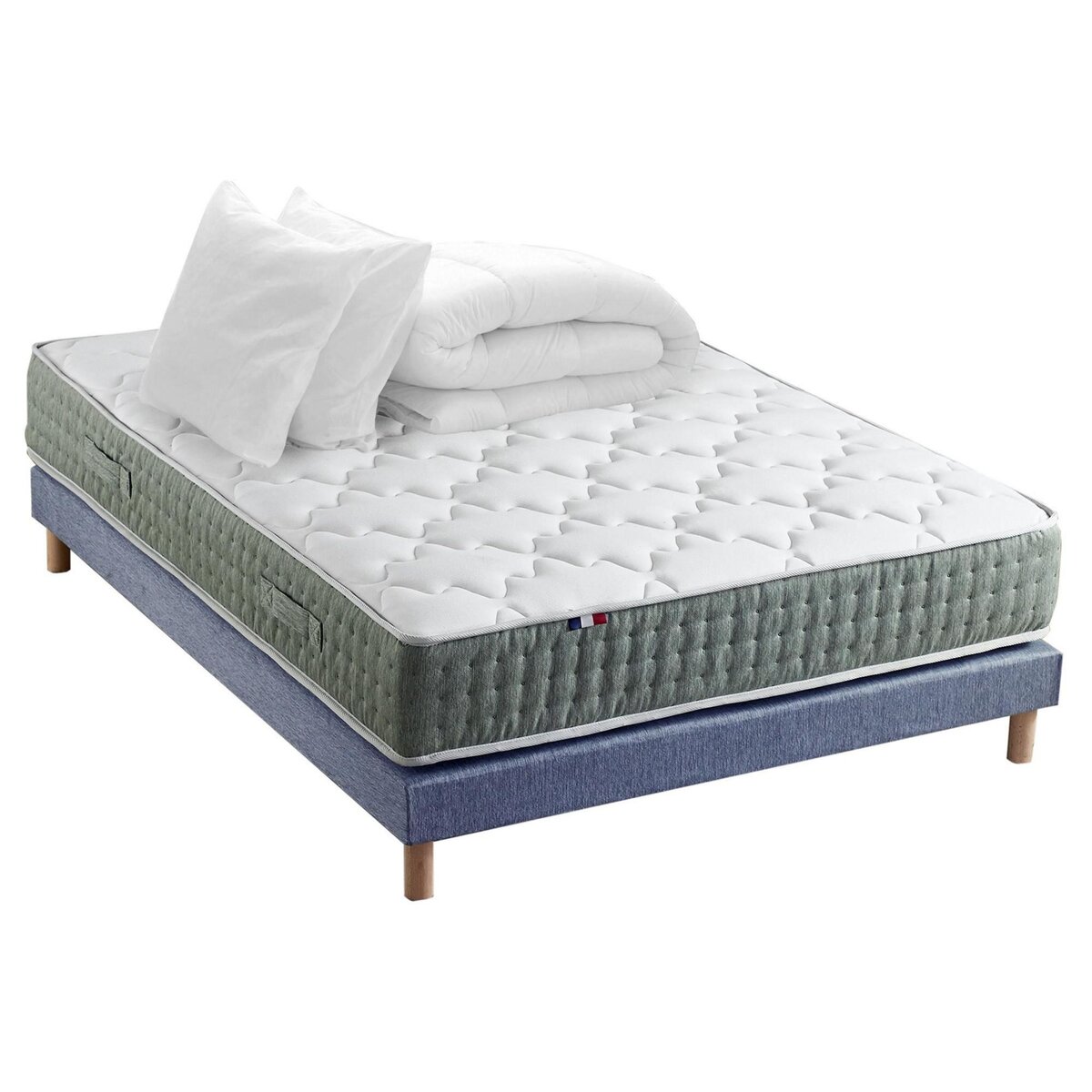 IDLITERIE Ensemble matelas Ressort 7 zones HYGGE + Sommier + couette + oreillers Fabriqué en France