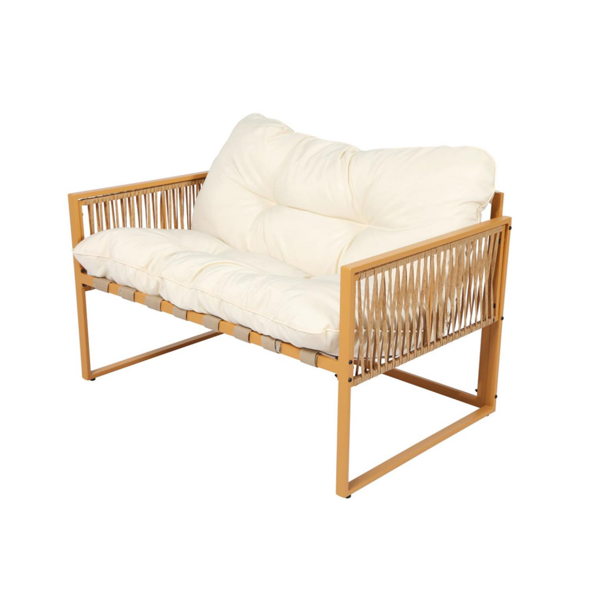 CONCEPT USINE Salon de jardin 4 places effet rotin coussins blancs TURINI