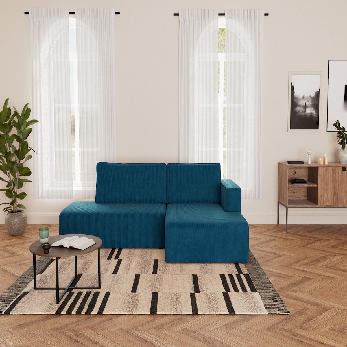 BEST MOBILIER Topaze - canapé d'angle droit 4 places convertible avec coffre en velours côtelé