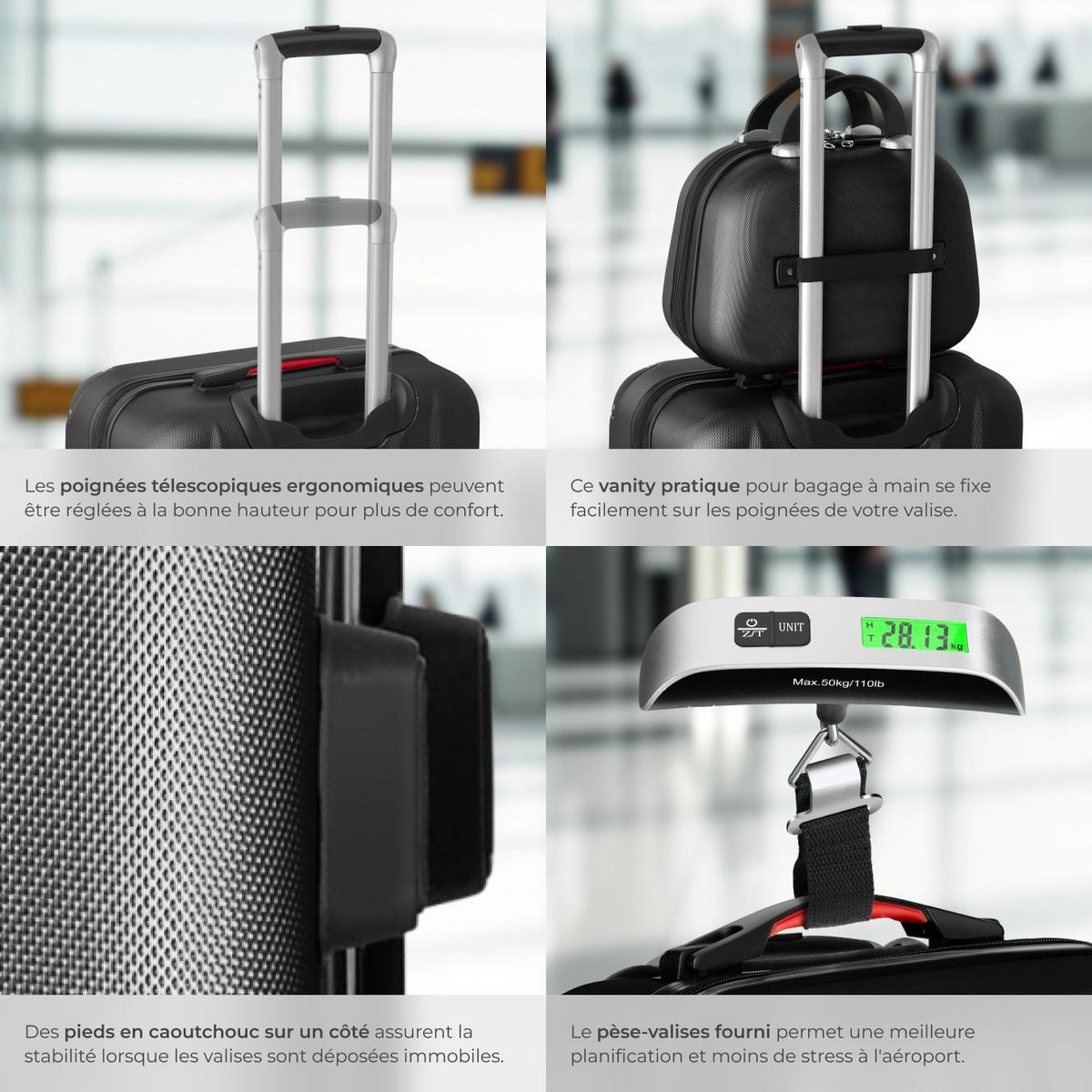 tectake Set de valises rigides 4 pièces, 3 Trolleys, 1 Vanity case, Balance et étiquette bagages inclus noir