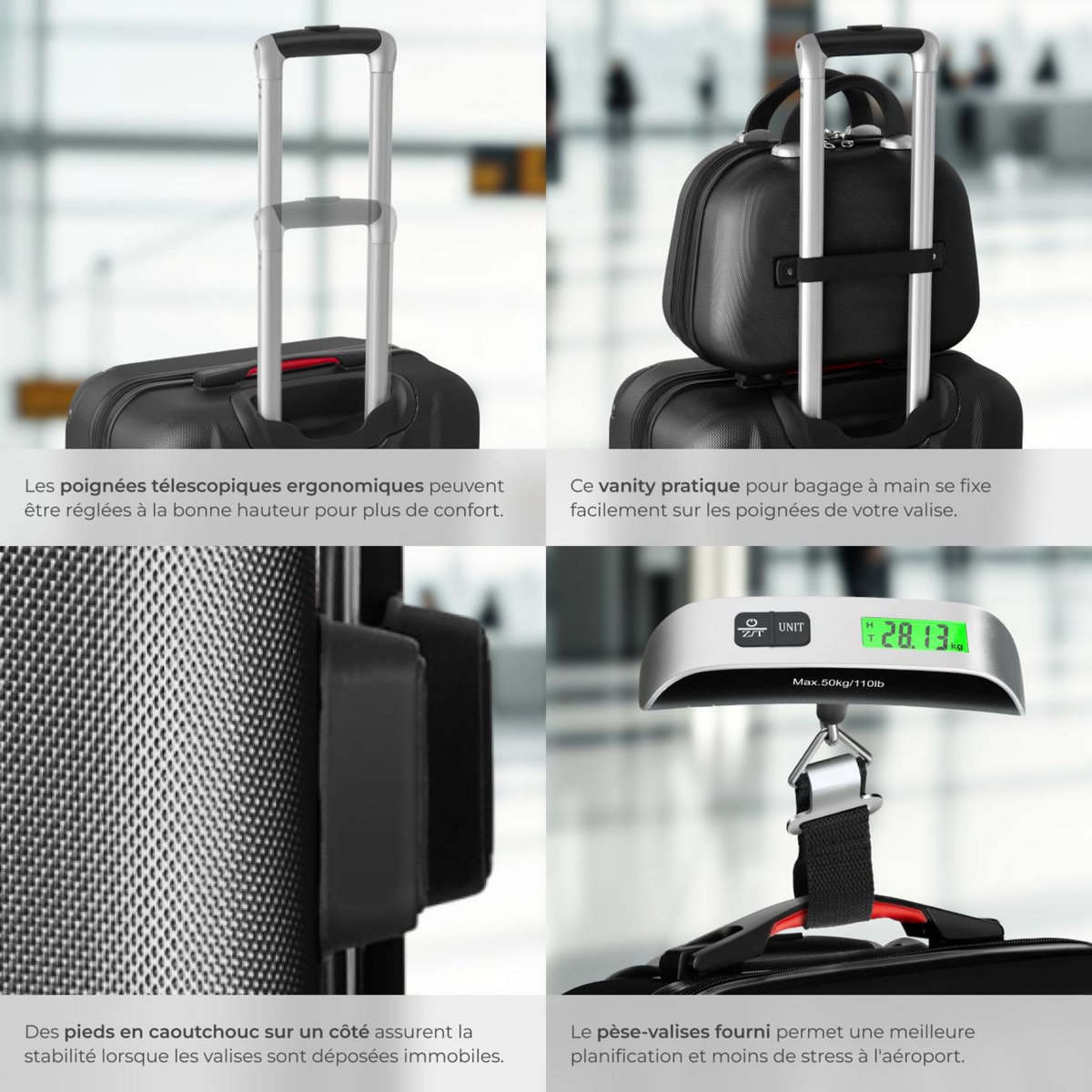 tectake Set de valises rigides 4 pièces, 3 Trolleys, 1 Vanity case, Balance et étiquette bagages inclus noir