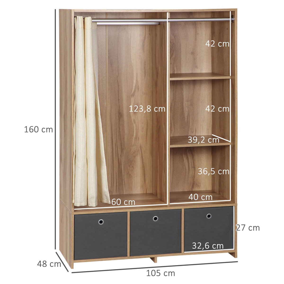 HOMCOM Vestiaire d'entrée - barre de penderie, 3 niches, 3 tiroirs tissu, rideau - panneaux aspect chêne clair polyester gris lin beige