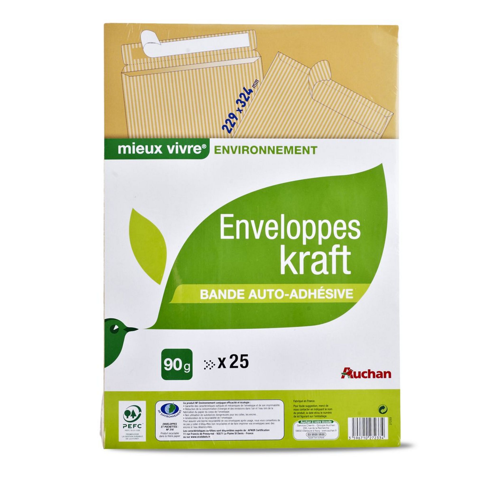 AUCHAN Enveloppes papier kraft 229x324mm auto adhésive x25