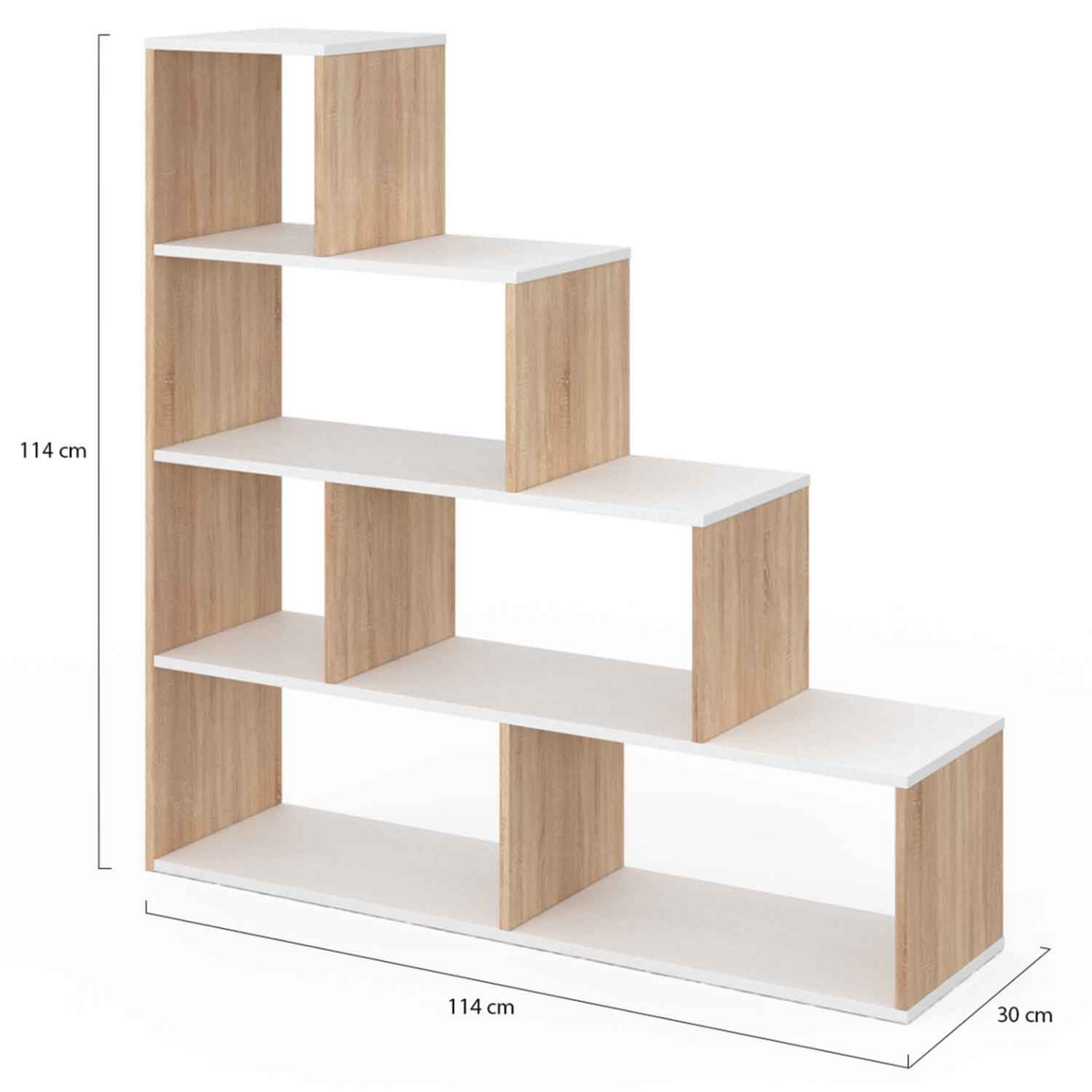 ID MARKET Bibliothèque escalier LINA bois façon hêtre et blanc