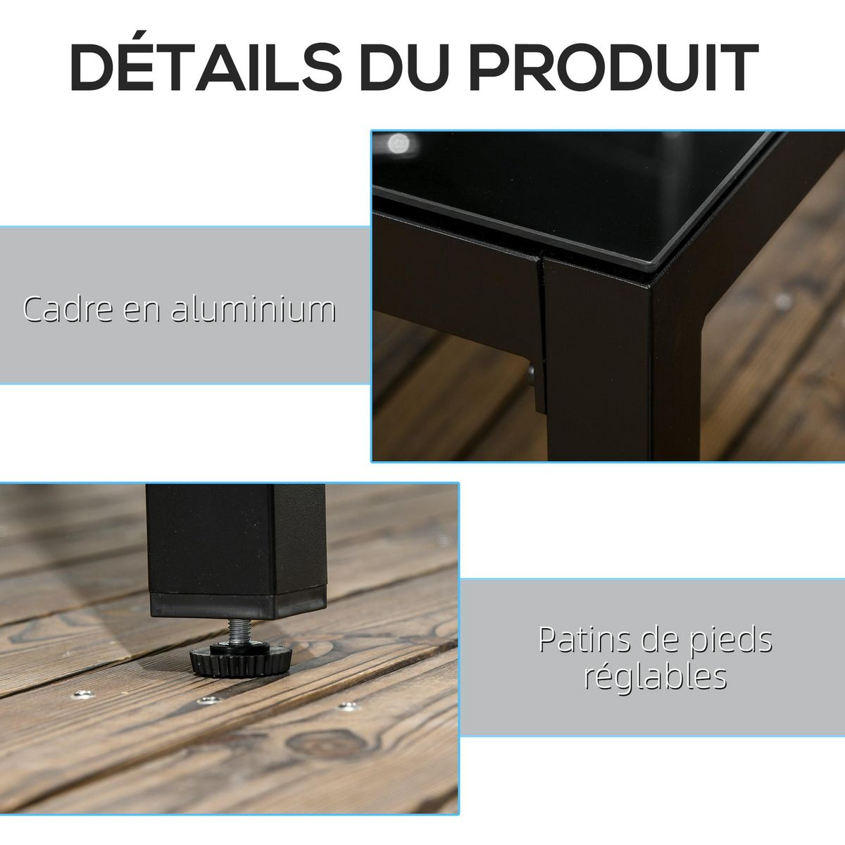OUTSUNNY Table de jardin rectangulaire 8 personnes dim. 180L x 80l x 72H cm alu. plateau verre trempé noir