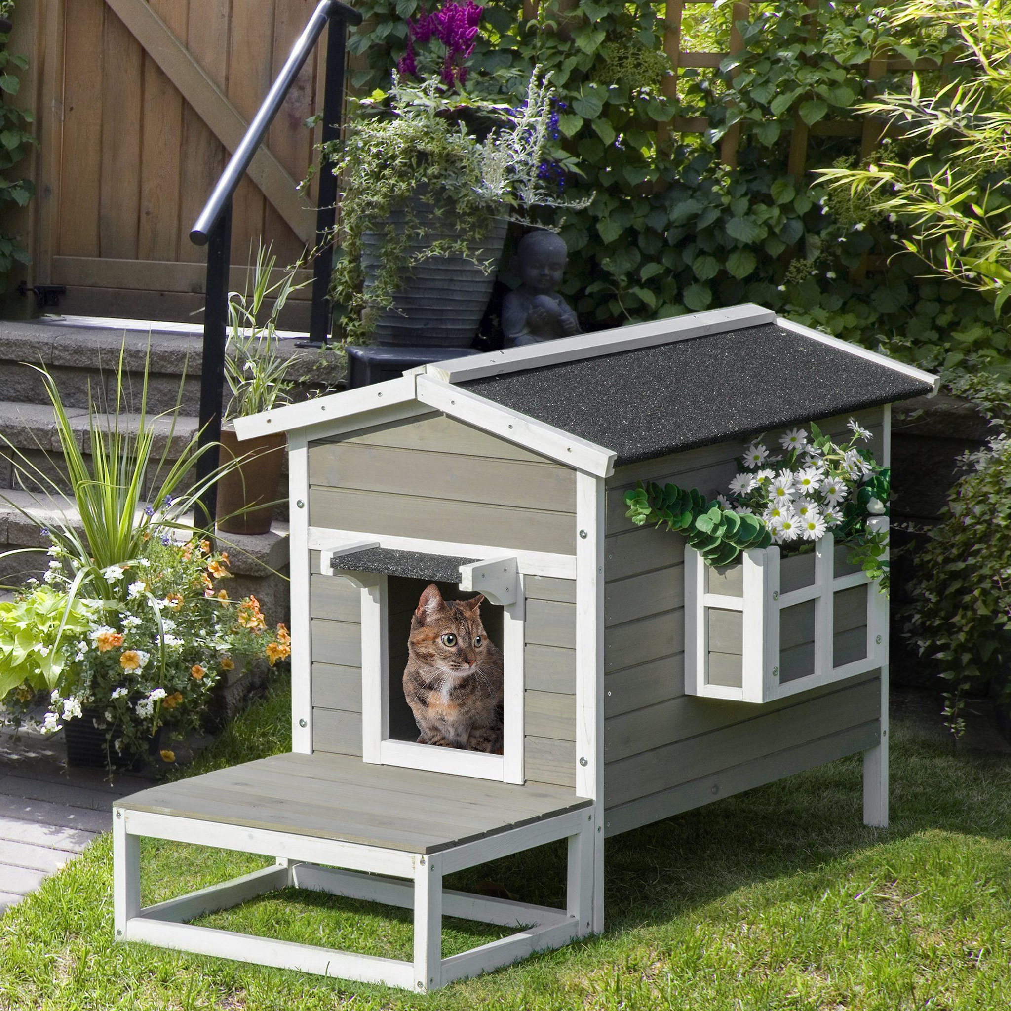 Voir la diapositive 2 : PAWHUT Maison lodge sur pied - niche villa chat petit chien - terrasse, toit bitumé, jardinière, 2 portes - bois sapin pré-huilé peint