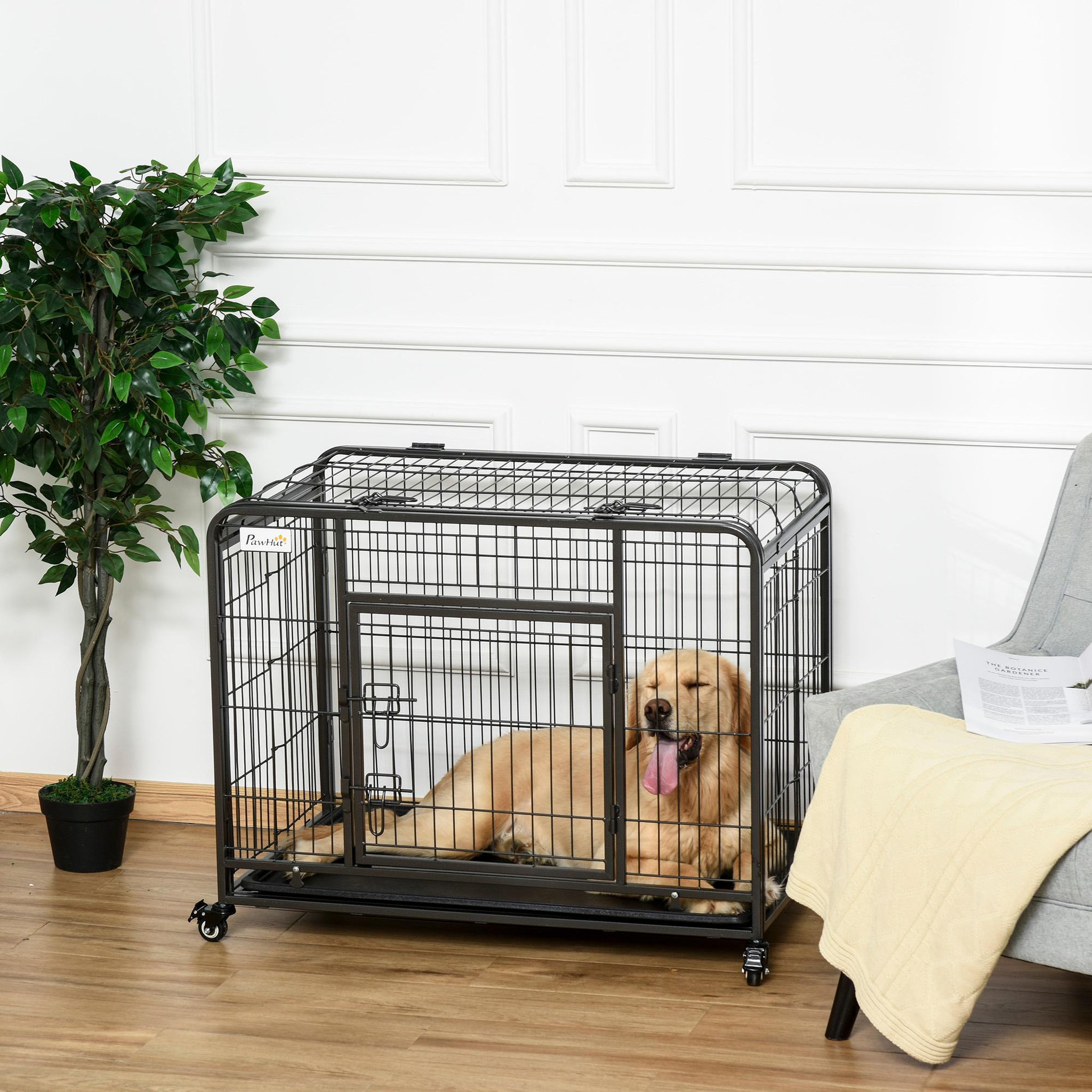 Voir la diapositive 2 : PAWHUT Cage pour chien pliable cage de transport sur roulettes 2 portes verrouillables plateau amovible dim. 94l x 58l x 69h cm métal gris noir