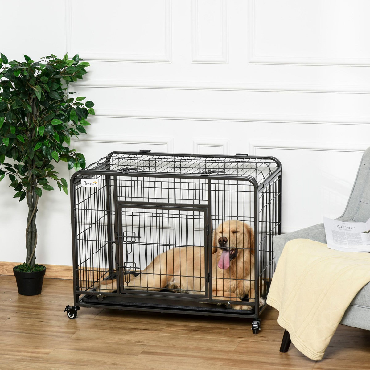 PAWHUT Cage pour chien pliable cage de transport sur roulettes 2 portes verrouillables plateau amovible dim. 94L x 58l x 69H cm métal gris noir