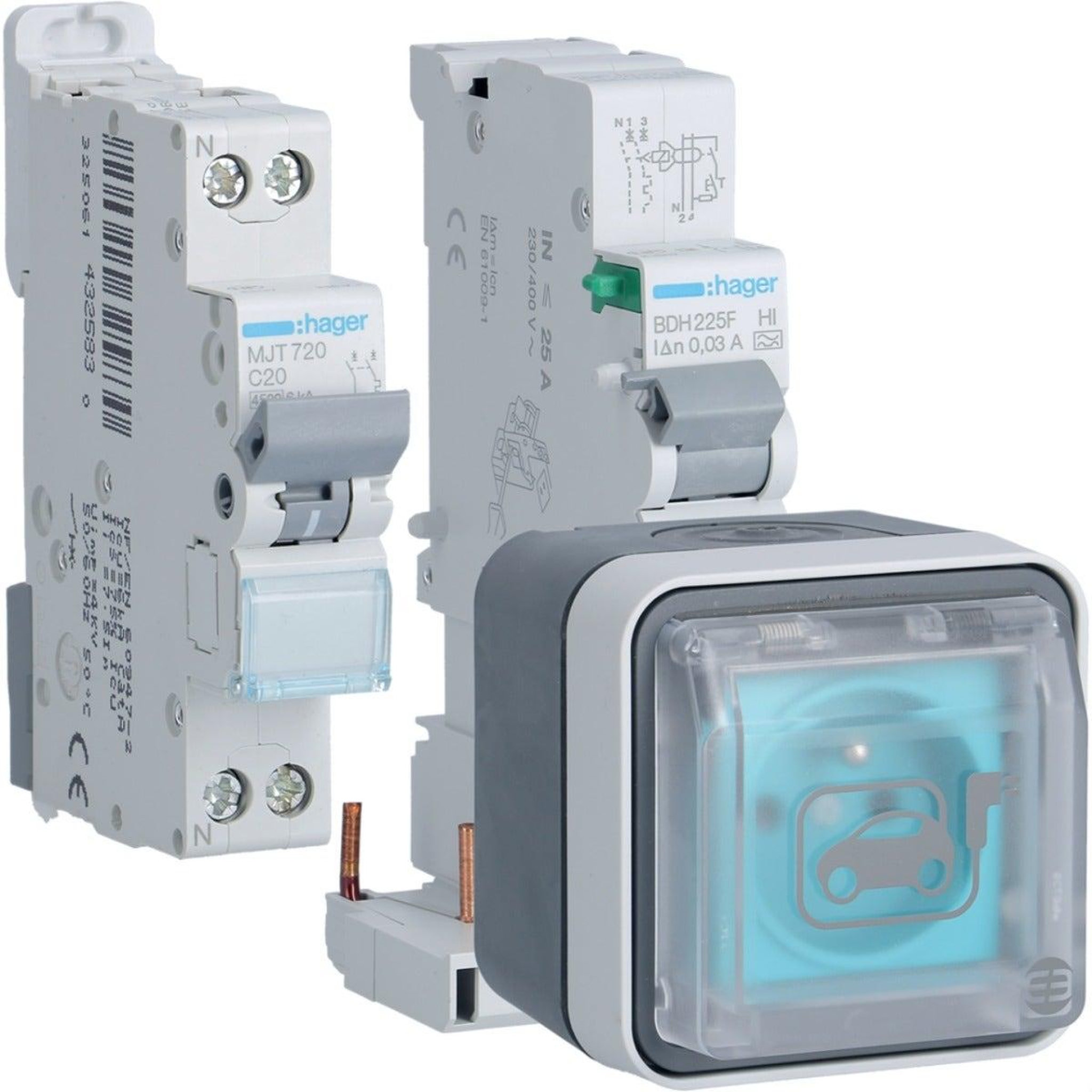 HAGER Kit prise de recharge witty 3kw mode 2 + disjoncteur + bloc différentiel