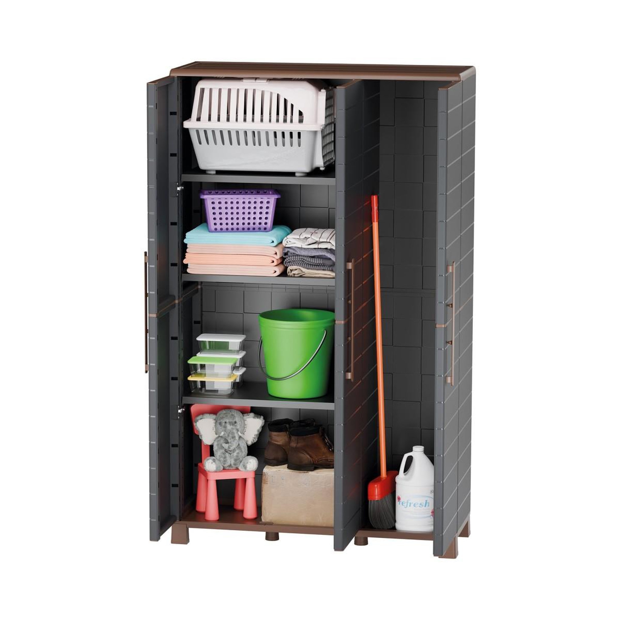 Voir la diapositive 2 : ART PLAST Armoire porte-balai anthracite 3 portes 3 etagères réglables 102 x 37 x 169 cm - garage buanderie cellier art plast