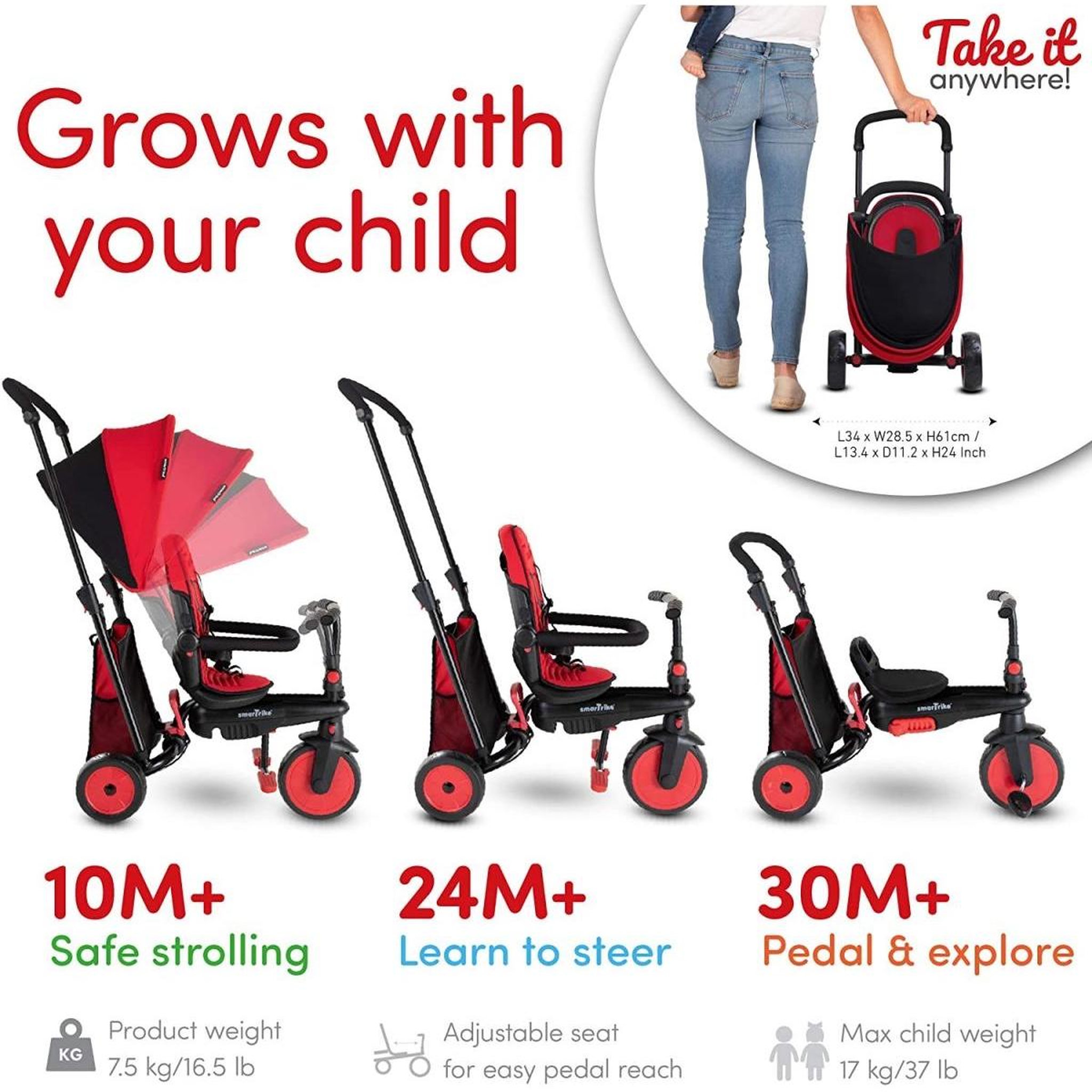 Voir la diapositive 4 : SMARTRIKE Tricycle Evolutif Pliable STR3 Rouge
