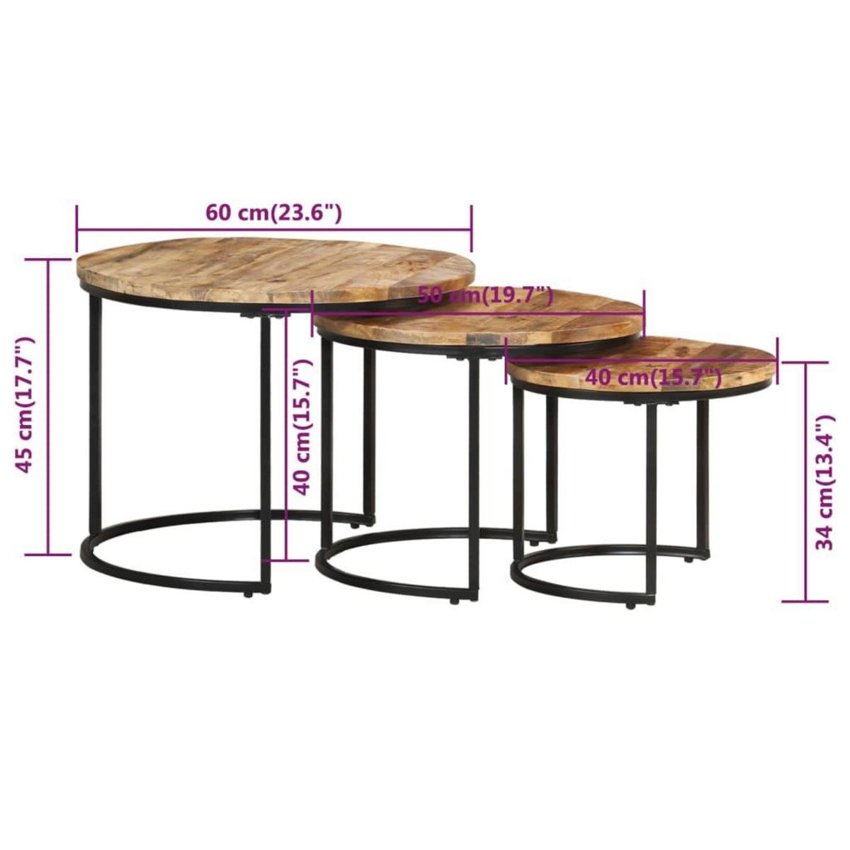 VIDAXL Tables gigognes 3 pcs Bois de manguier brut
