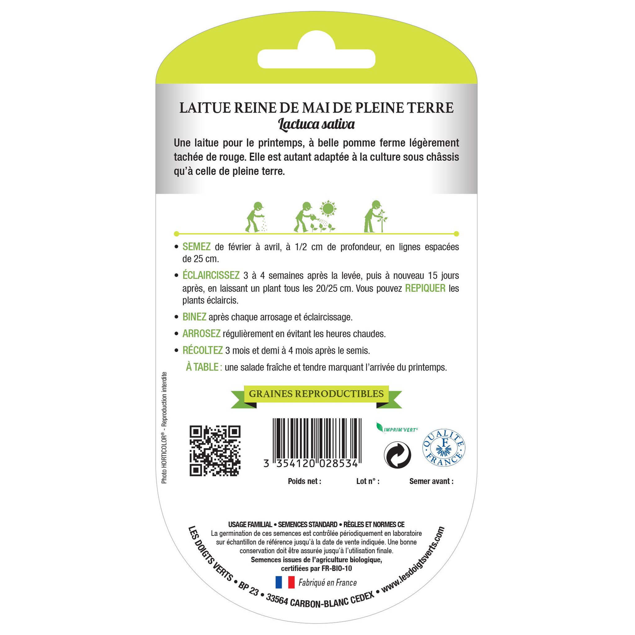 Voir la diapositive 2 : LES DOIGTS VERTS Graines laitue Reine de Mai de Pleine Terre BIO Les Doigts Verts