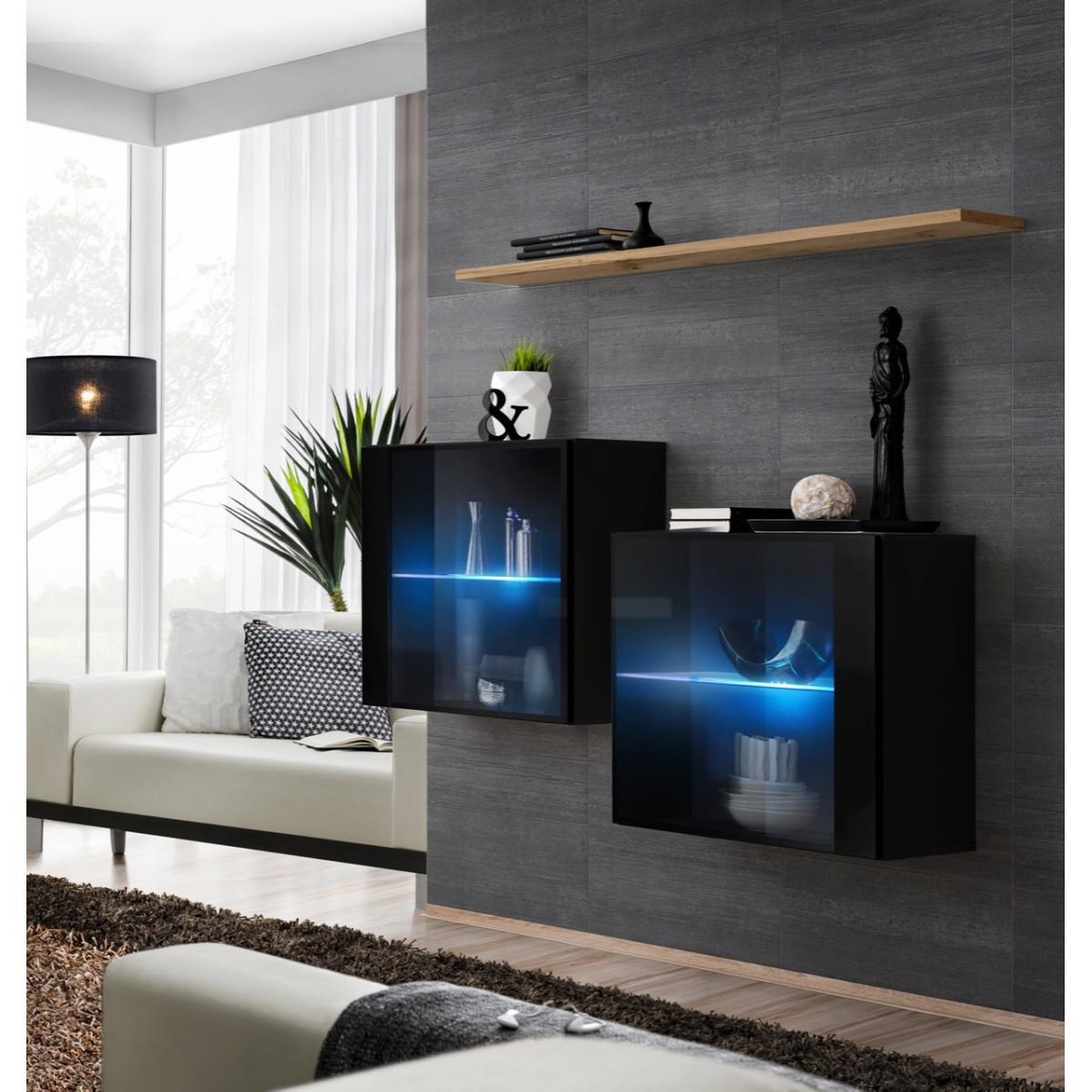 Paris Prix Lot de 2 vitrines murales & étagère  switch sbiii  130cm noir & naturel