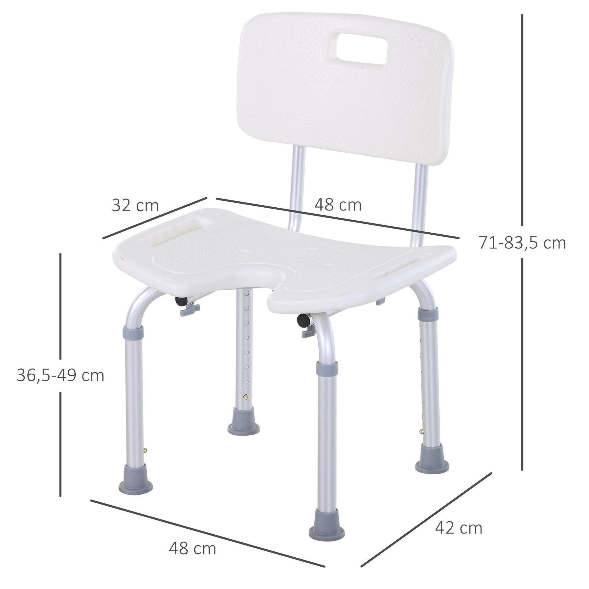 Voir la diapositive 3 : HOMCOM Chaise de douche siège de douche ergonomique hauteur assise réglable pieds antidérapants charge max. 136 kg alu hdpe blanc
