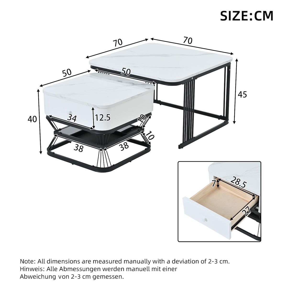 MERAX Lot de 2 tables basses gigognes carrées blanc - 70x70 cm mdf