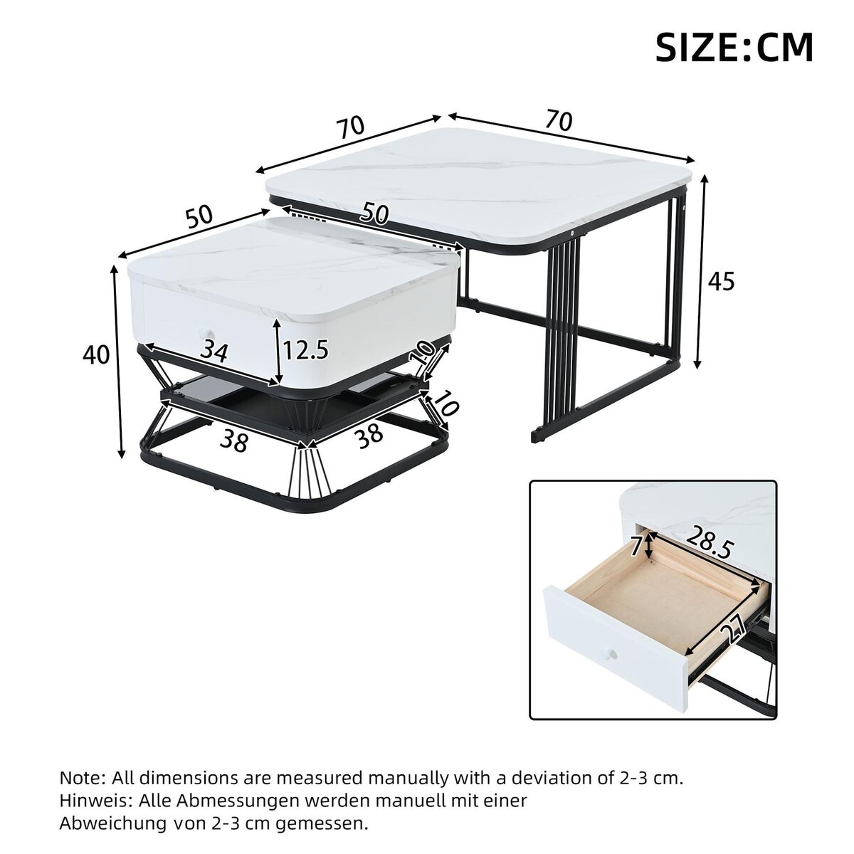 MERAX Lot de 2 tables basses gigognes carrées blanc - 70x70 cm mdf