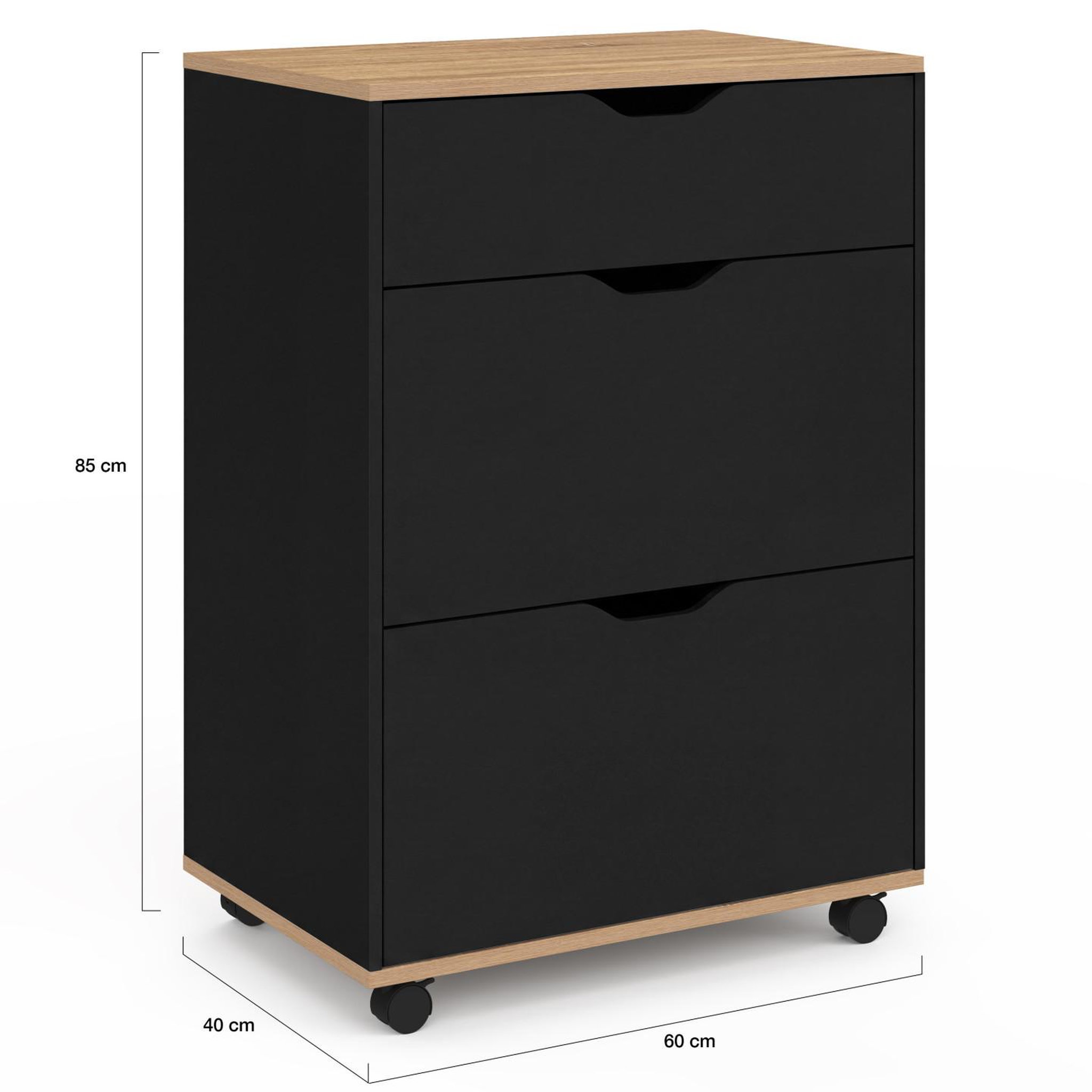 Voir la diapositive 5 : ID MARKET Desserte de cuisine cosy 3 tiroirs casserolier bois noir et plateau façon hêtre l. 60 cm