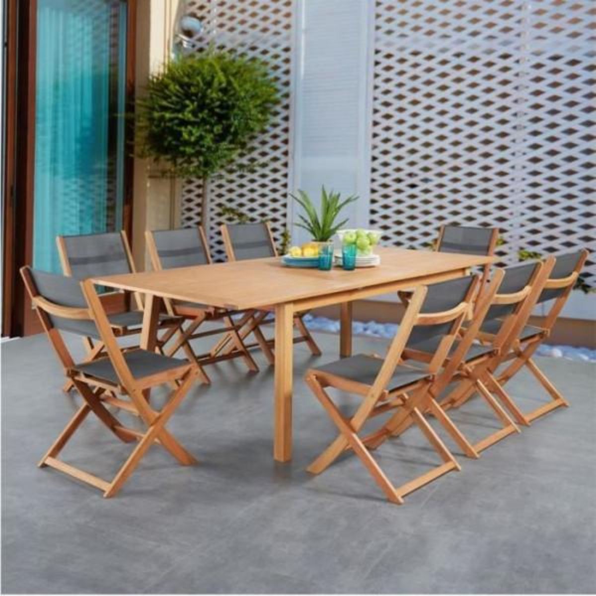 MARKET24 Ensemble repas de jardin 6 a 8 personnes - Table extensible 180/240 x 100 cm + 6 chaises assises textilene - Bois Eucalyptus FSC