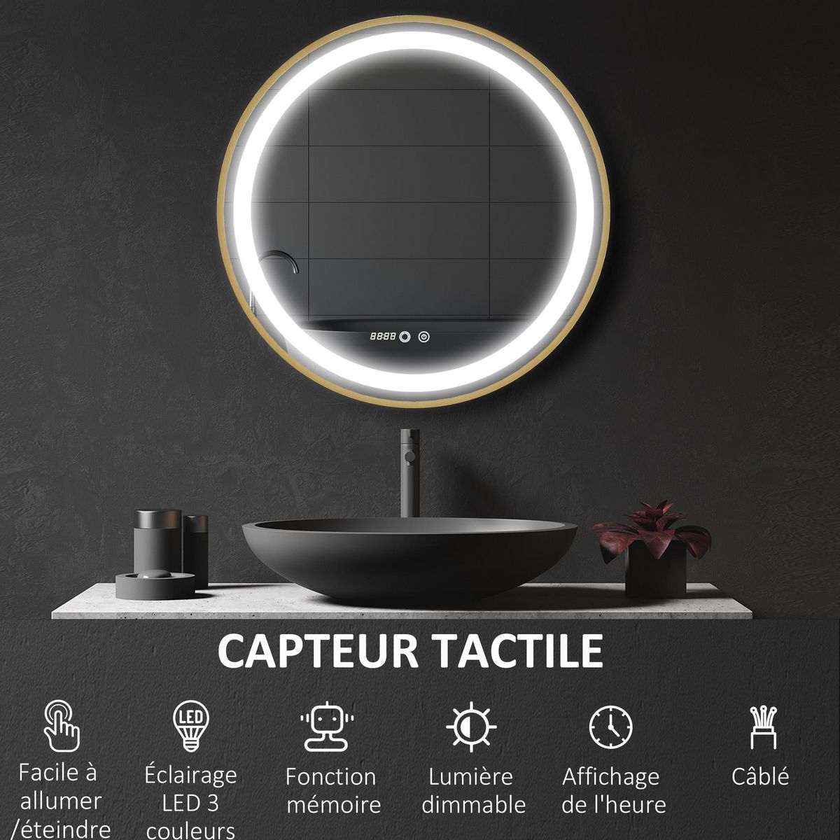 KLEANKIN Miroir rond LED tactile salle de bain dia. 60 cm - 3 couleurs température, affichage heure - alu doré