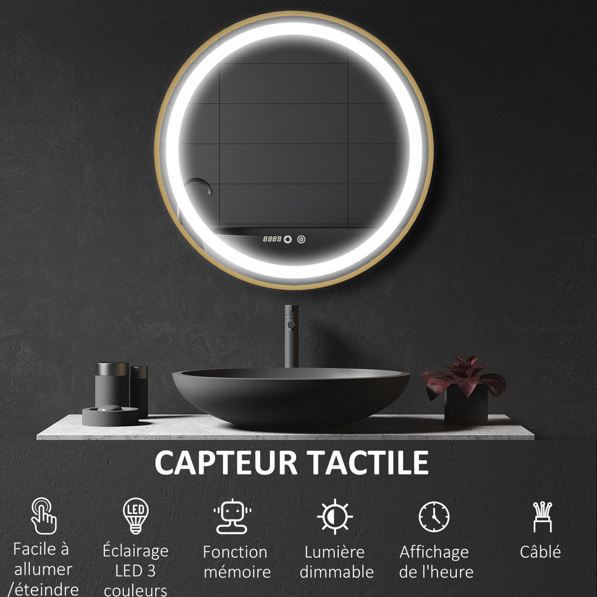 KLEANKIN Miroir rond LED tactile salle de bain dia. 60 cm - 3 couleurs température, affichage heure - alu doré