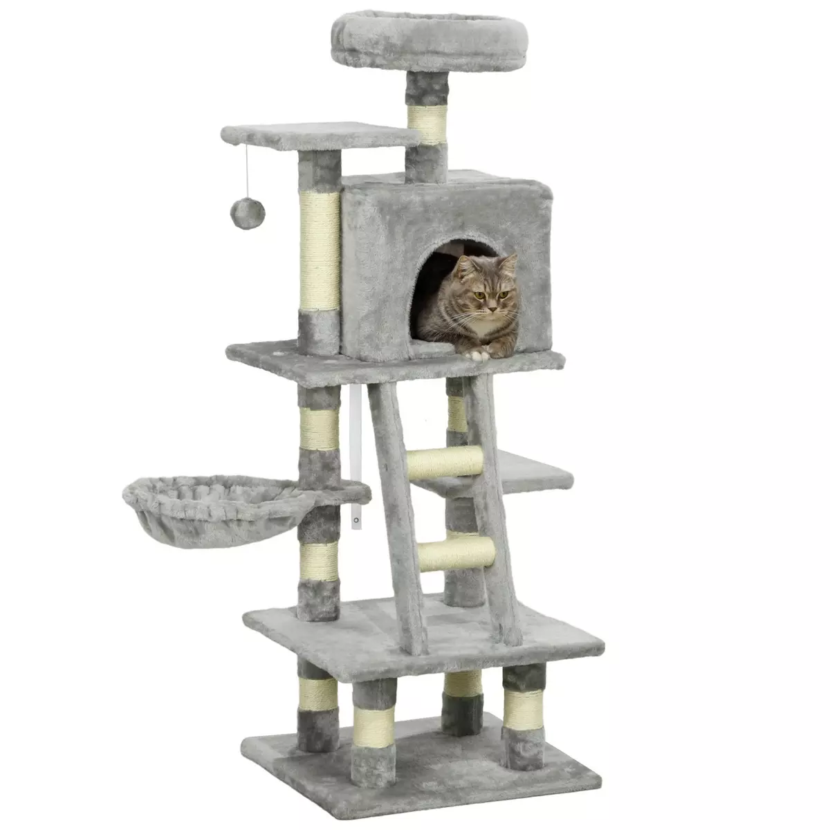 PAWHUT Arbre à chat multi-équipements griffoirs grattoirs niche plateformes + échelle + hamac + boule suspendue gris