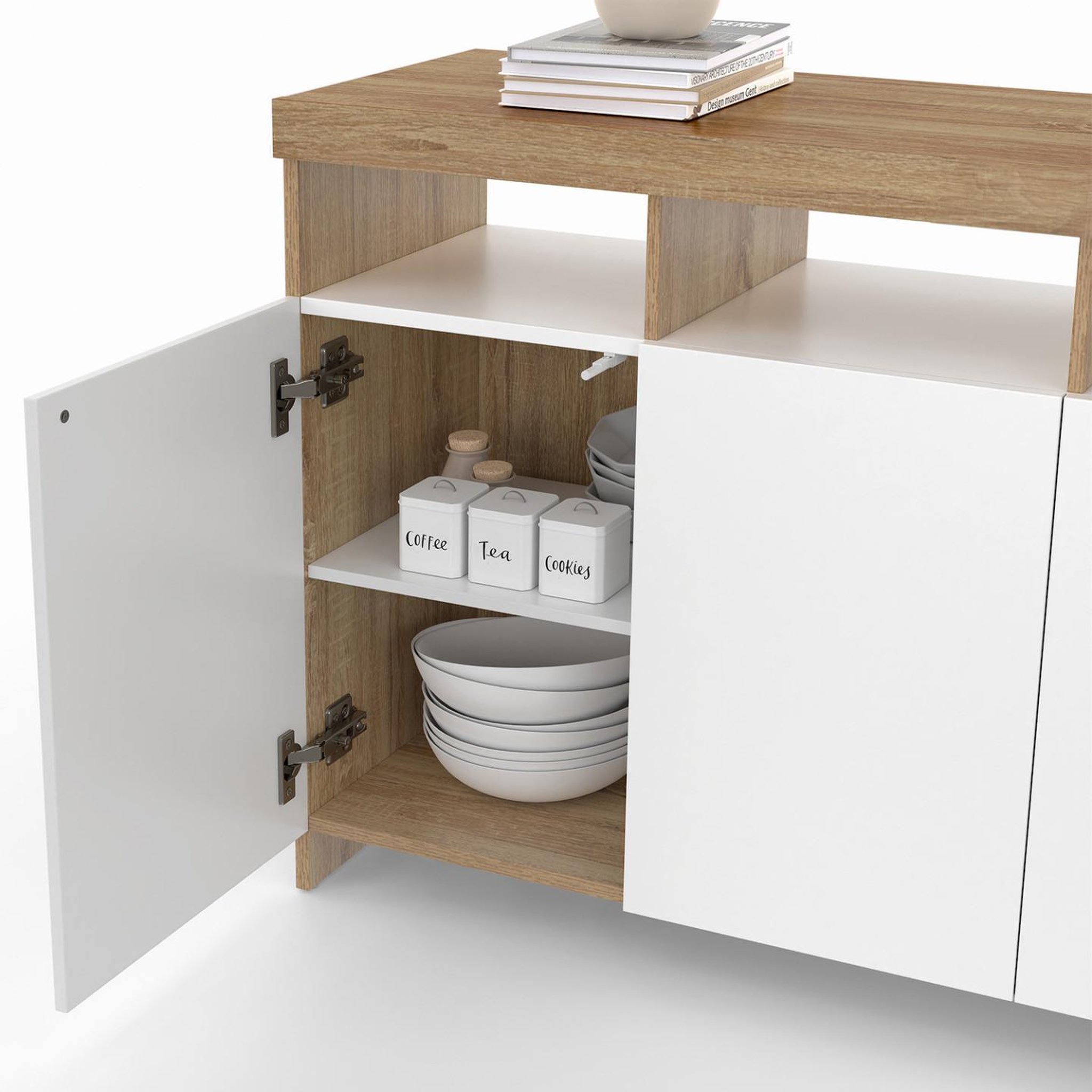 Voir la diapositive 6 : ID MARKET Buffet 140 cm MALO bois façon hêtre et portes blanches