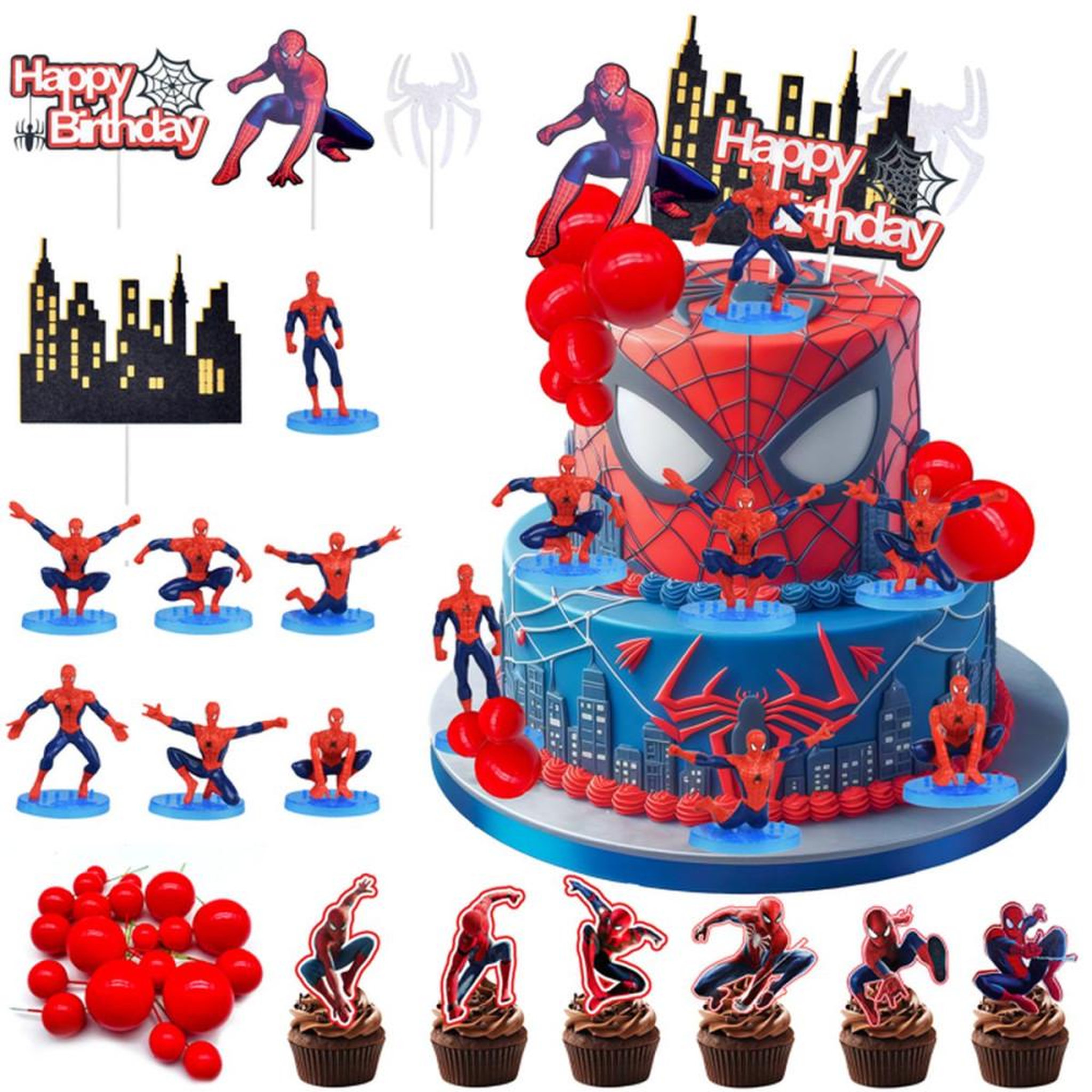 Kit décoration gâteau Spider-Man avec 4 grands toppers, 7 figurines et 43 pièces