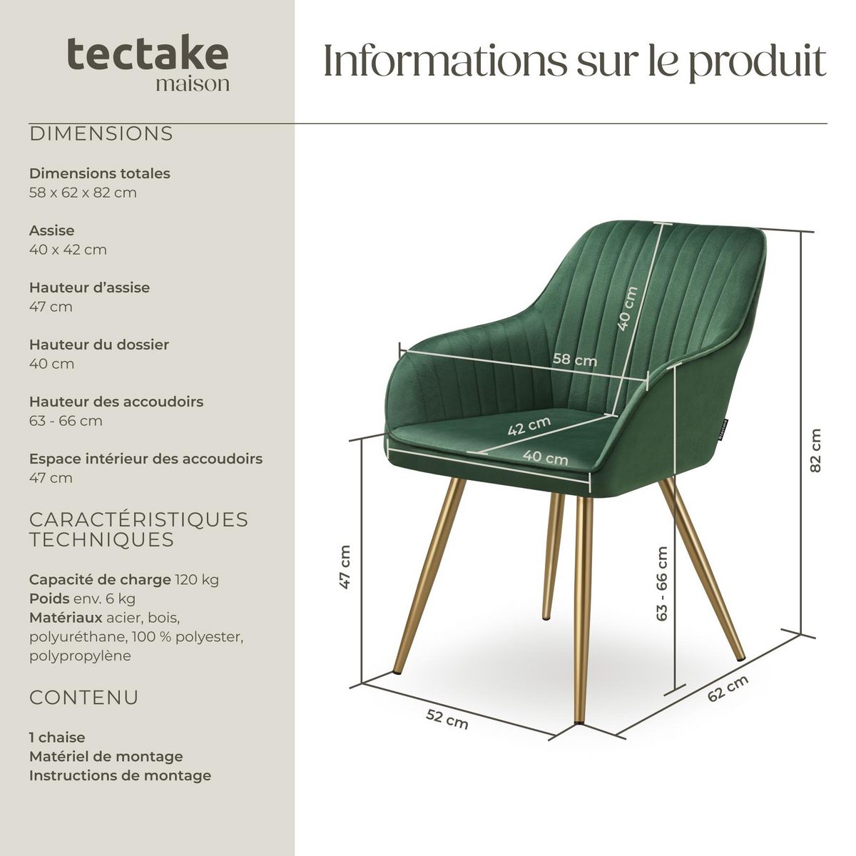 tectake Chaise de salle à manger en velours matelassé et rembourré vert foncé/or