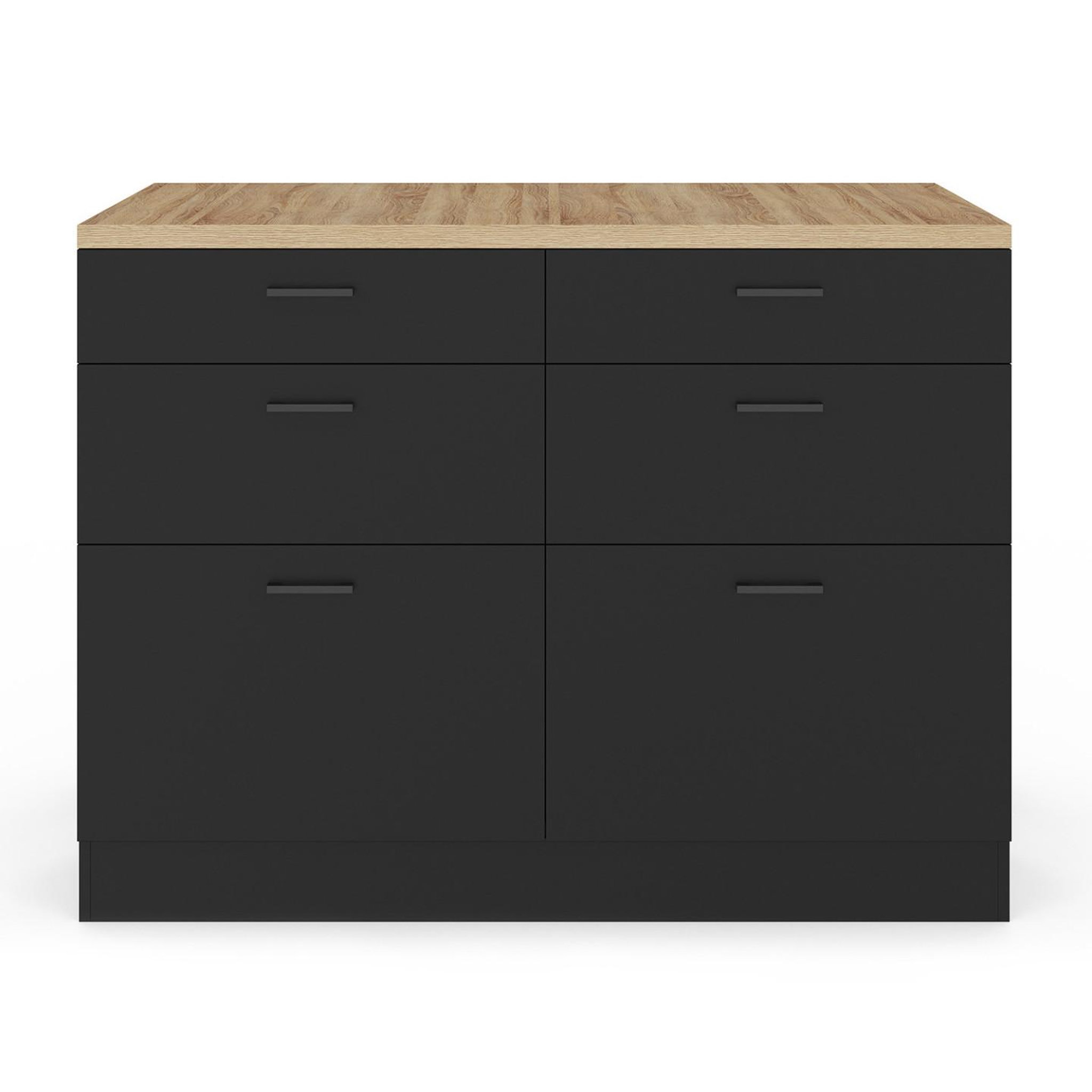 Voir la diapositive 3 : ID MARKET Ilot central mange-debout orso 120 cm casserolier 6 tiroirs noir avec plan de travail façon hêtre
