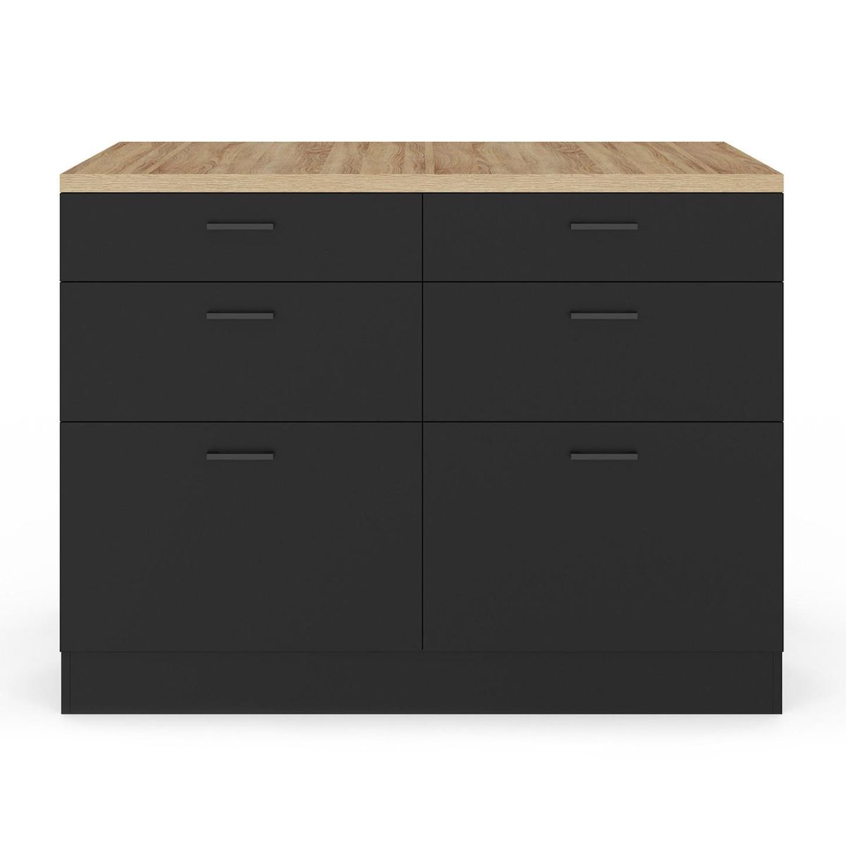 ID MARKET Ilot central mange-debout ORSO 120 cm casserolier 6 tiroirs noir et plateau bois