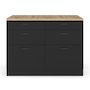 Voir la diapositive 3 : ID MARKET Ilot central mange-debout ORSO 120 cm casserolier 6 tiroirs noir et plateau bois