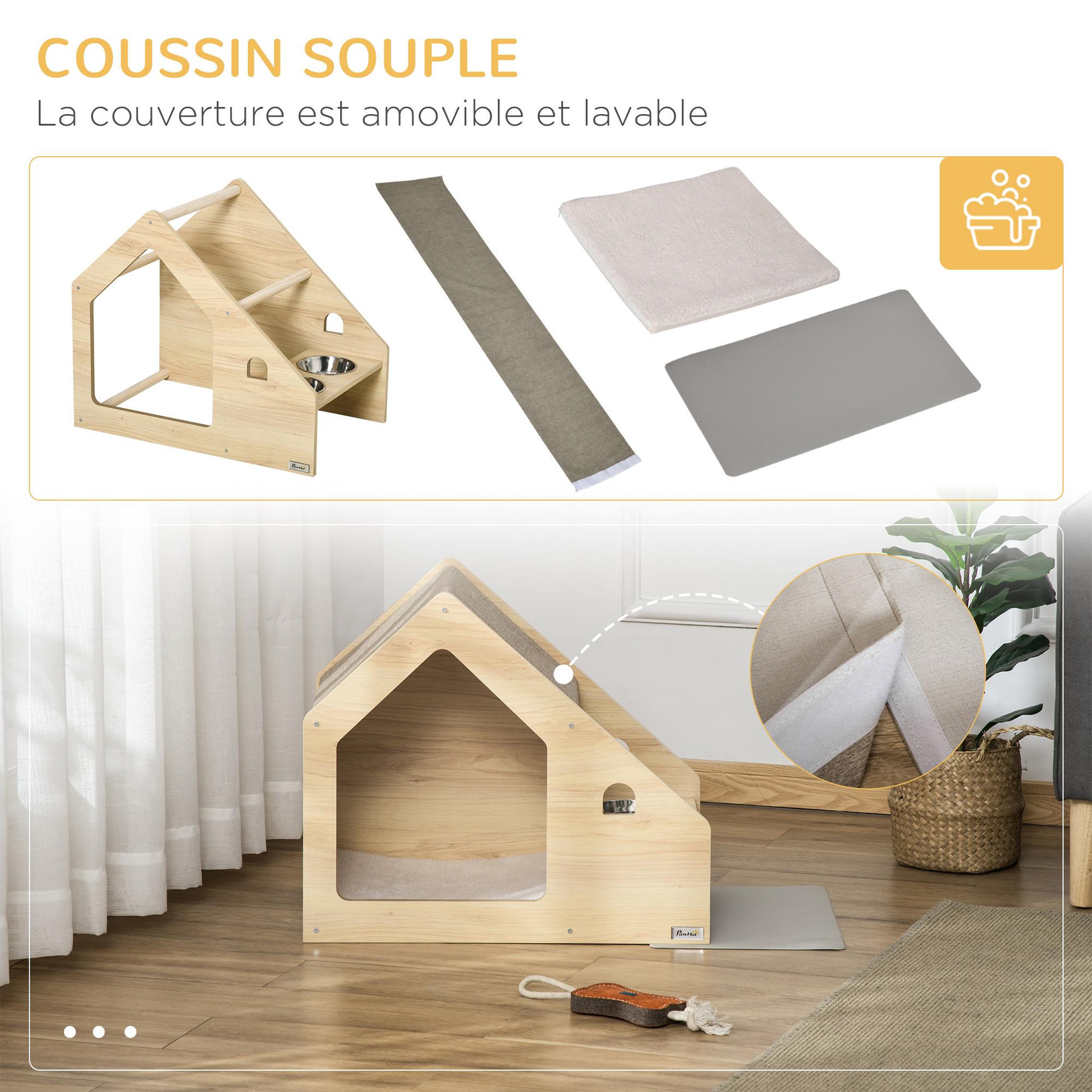 Voir la diapositive 5 : PAWHUT Niche d'intérieur pour chien et chat design avec 2 gamelles et coussin amovible MDF aspect bois clair tissu brun clair