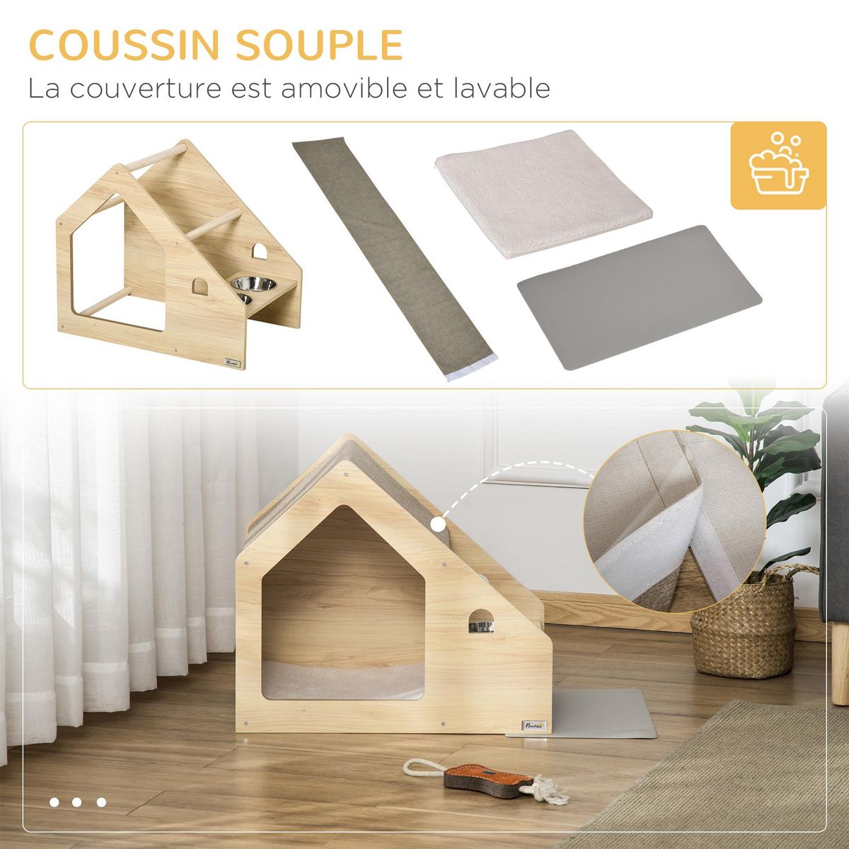 PAWHUT Niche d'intérieur pour chien et chat design avec 2 gamelles et coussin amovible MDF aspect bois clair tissu brun clair