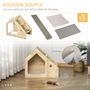 Voir la diapositive 5 : PAWHUT Niche d'intérieur pour chien et chat design avec 2 gamelles et coussin amovible MDF aspect bois clair tissu brun clair