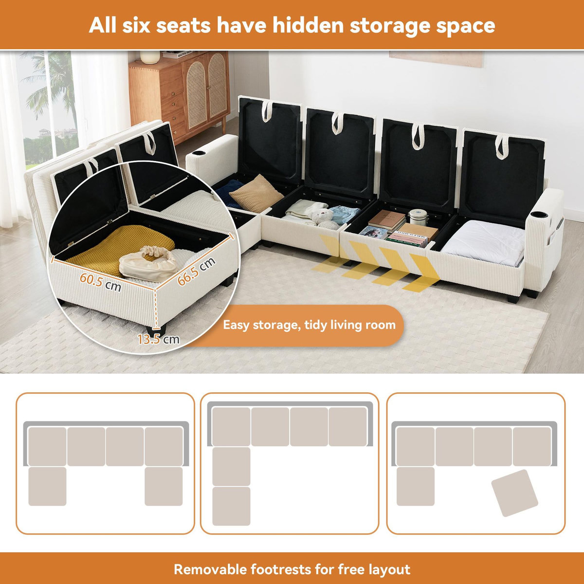 MERAX Canapé d'angle panoramique fixe 6 places tissu coffre de rangement