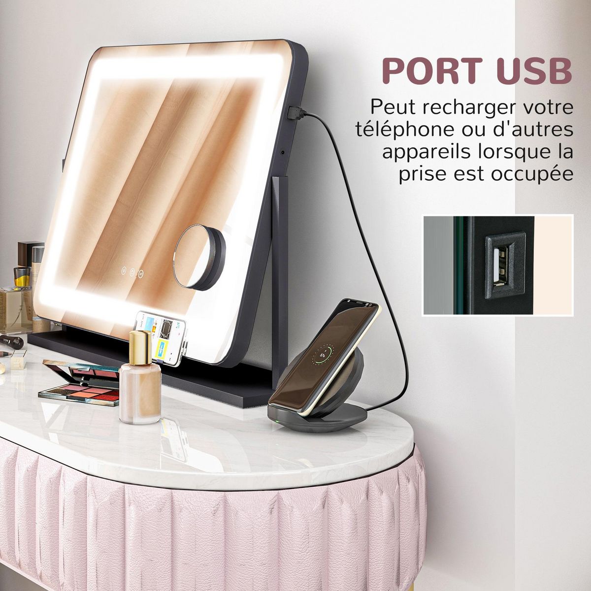HOMCOM Miroir lumineux LED 3 modes d'éclairage grossissement 10X rotation à 360° port charge USB