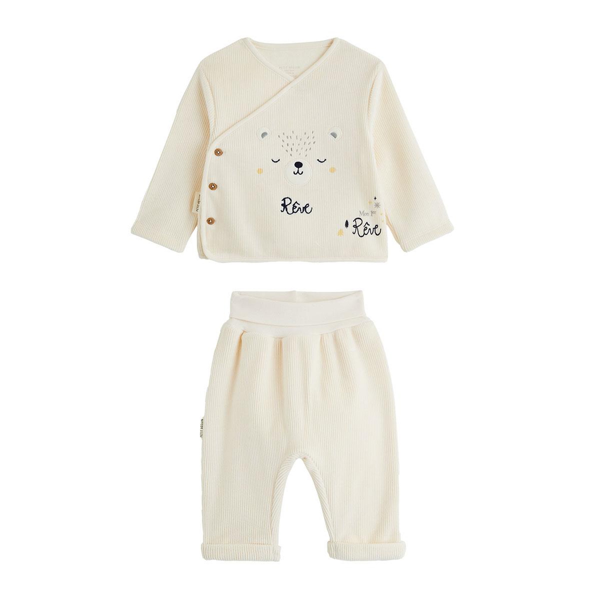 PETIT BEGUIN Ensemble bébé gilet croisé et pantalon en velours Flocon. Coloris disponibles : Beige