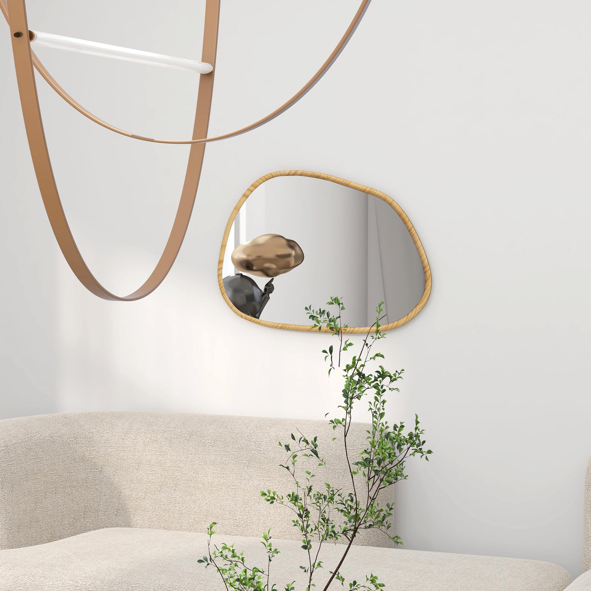 Voir la diapositive 4 : HOMCOM Miroir mural décoratif forme organique dim. 80L x 60H cm cadre bois de pin verni