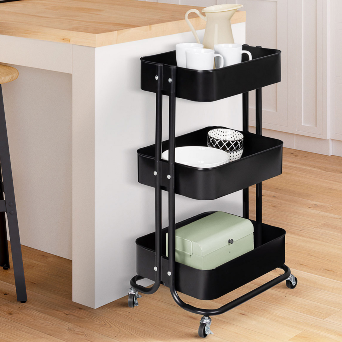 ID MARKET Chariot 3 niveaux desserte étagère de rangement à roulettes acier noir