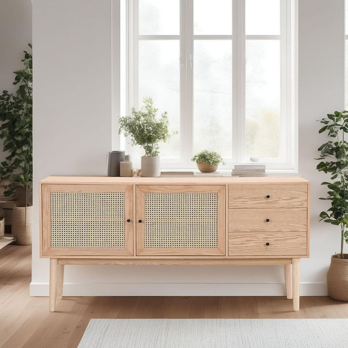 HOMIFAB Buffet 2 portes 3 tiroirs en bois et cannage naturel 170 cm - Eden